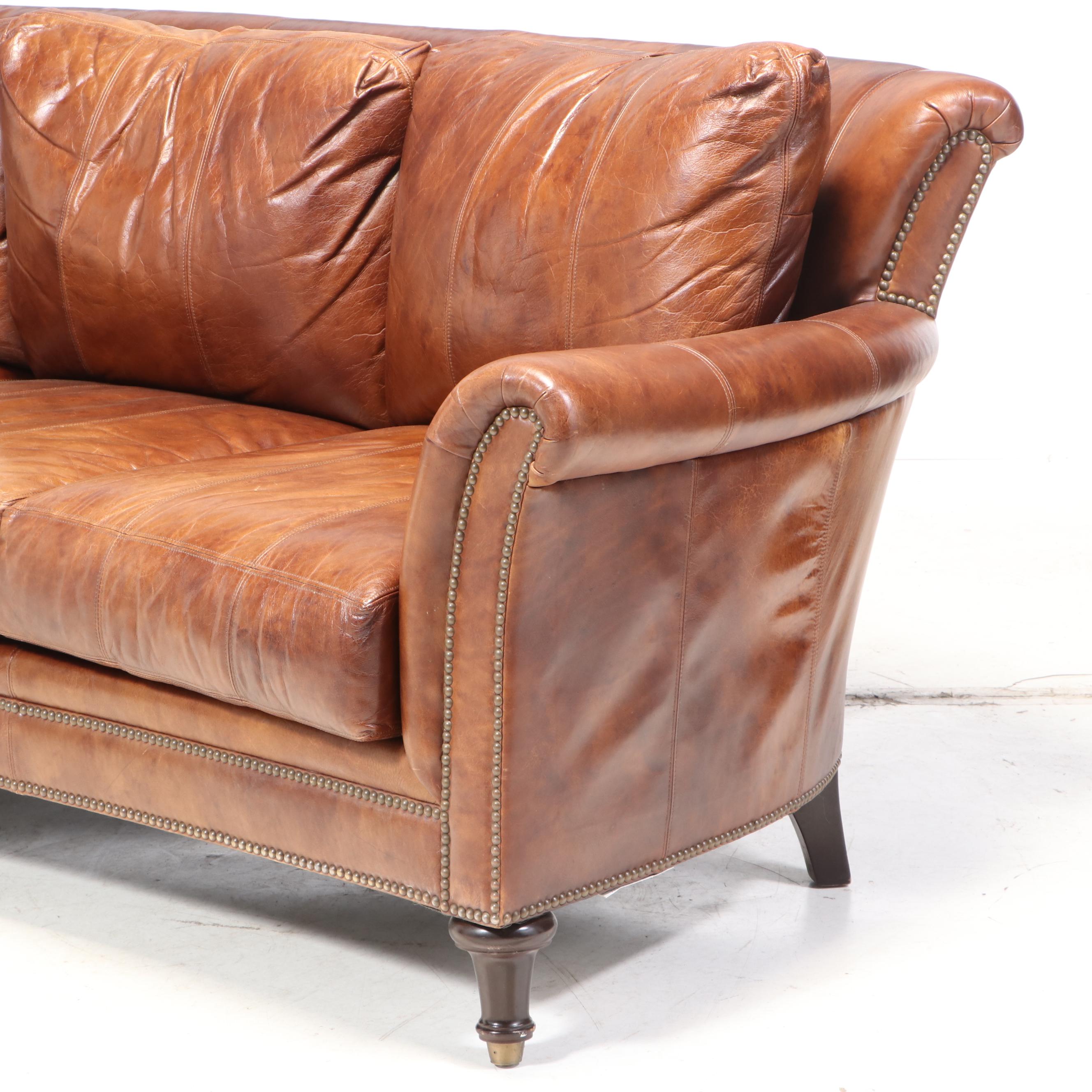 Ferguson Copeland "Surrey" Brass-Tacked Curved Leather Sofa