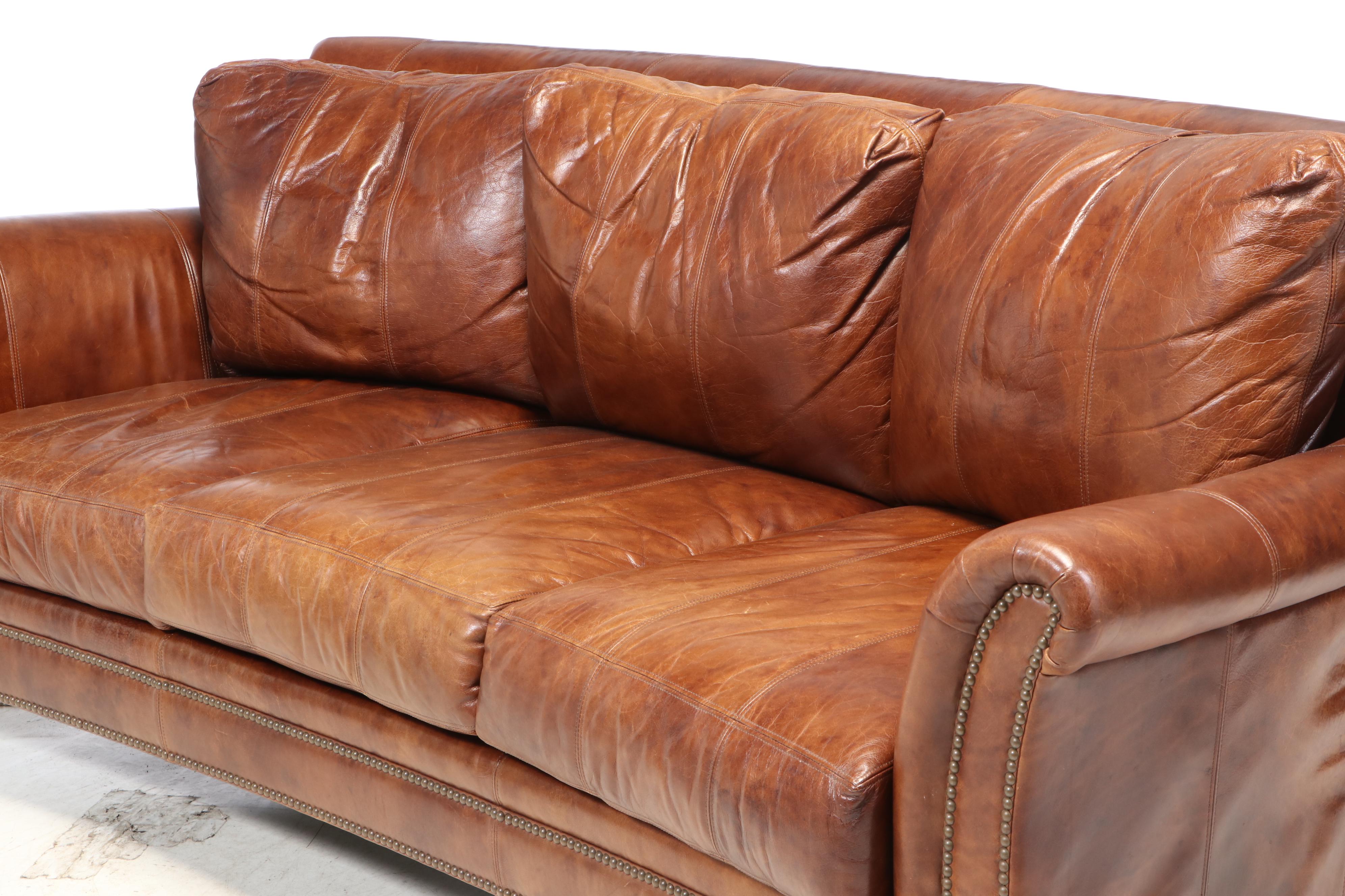 Ferguson Copeland "Surrey" Brass-Tacked Curved Leather Sofa