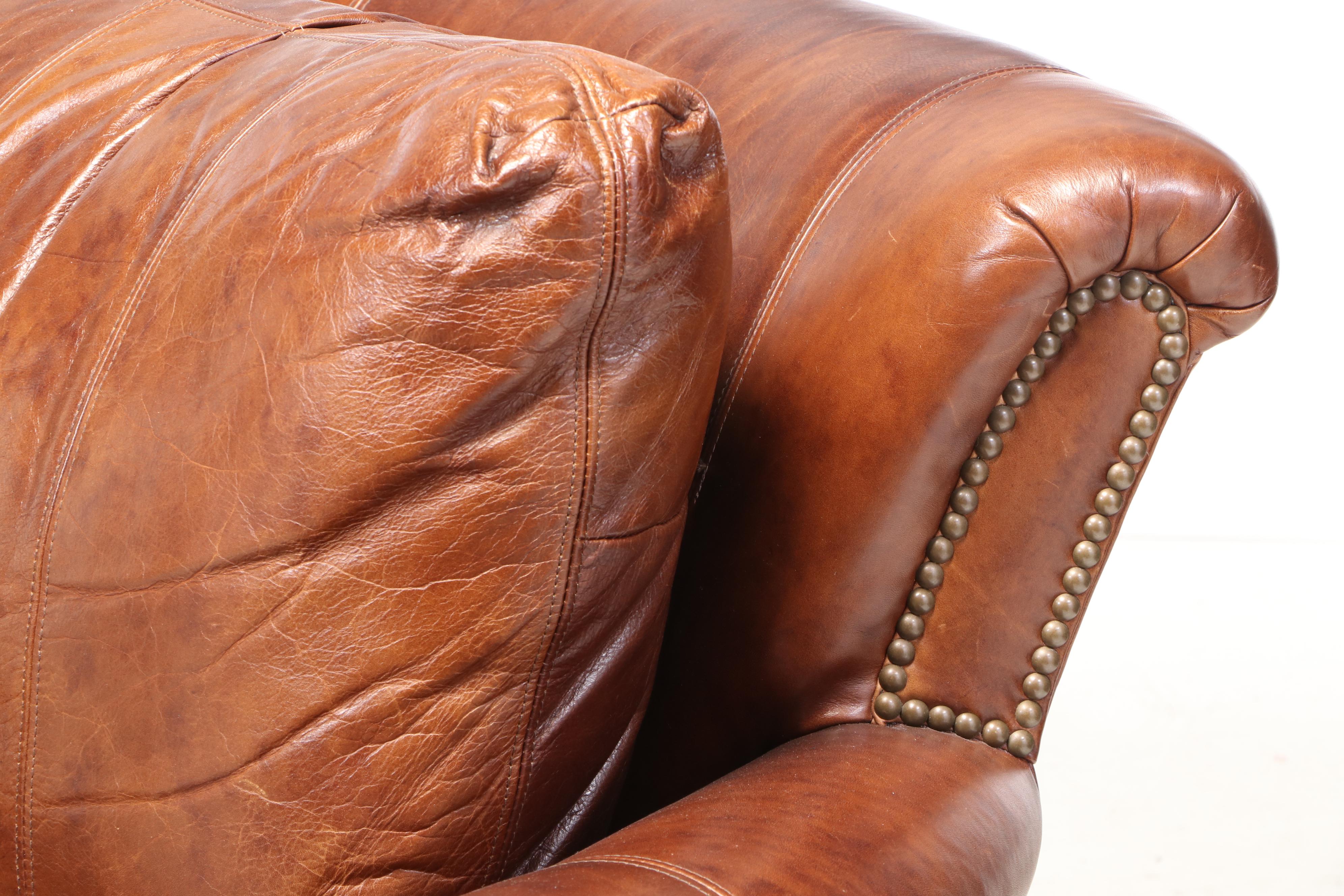 Ferguson Copeland "Surrey" Brass-Tacked Curved Leather Sofa