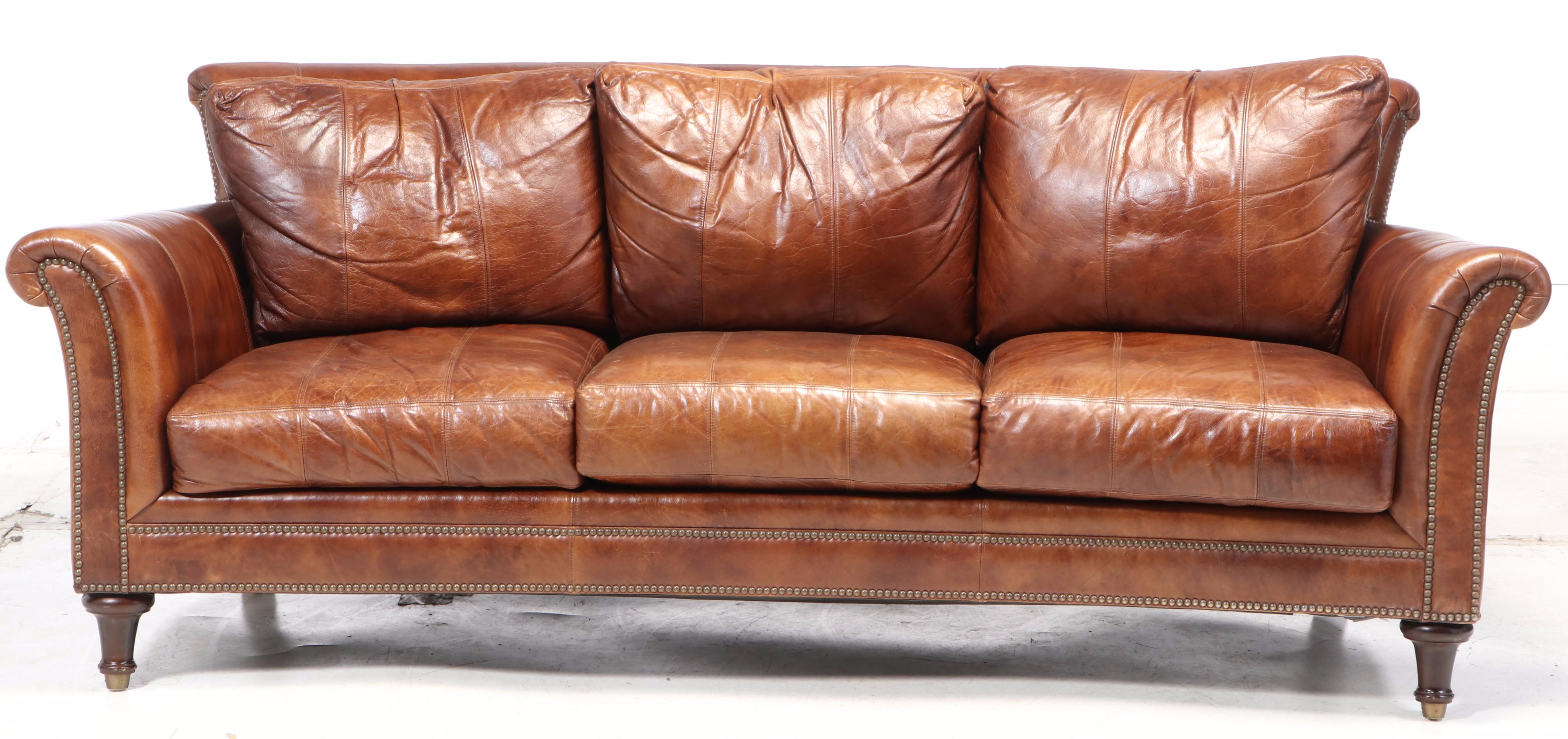 Ferguson Copeland "Surrey" Brass-Tacked Curved Leather Sofa