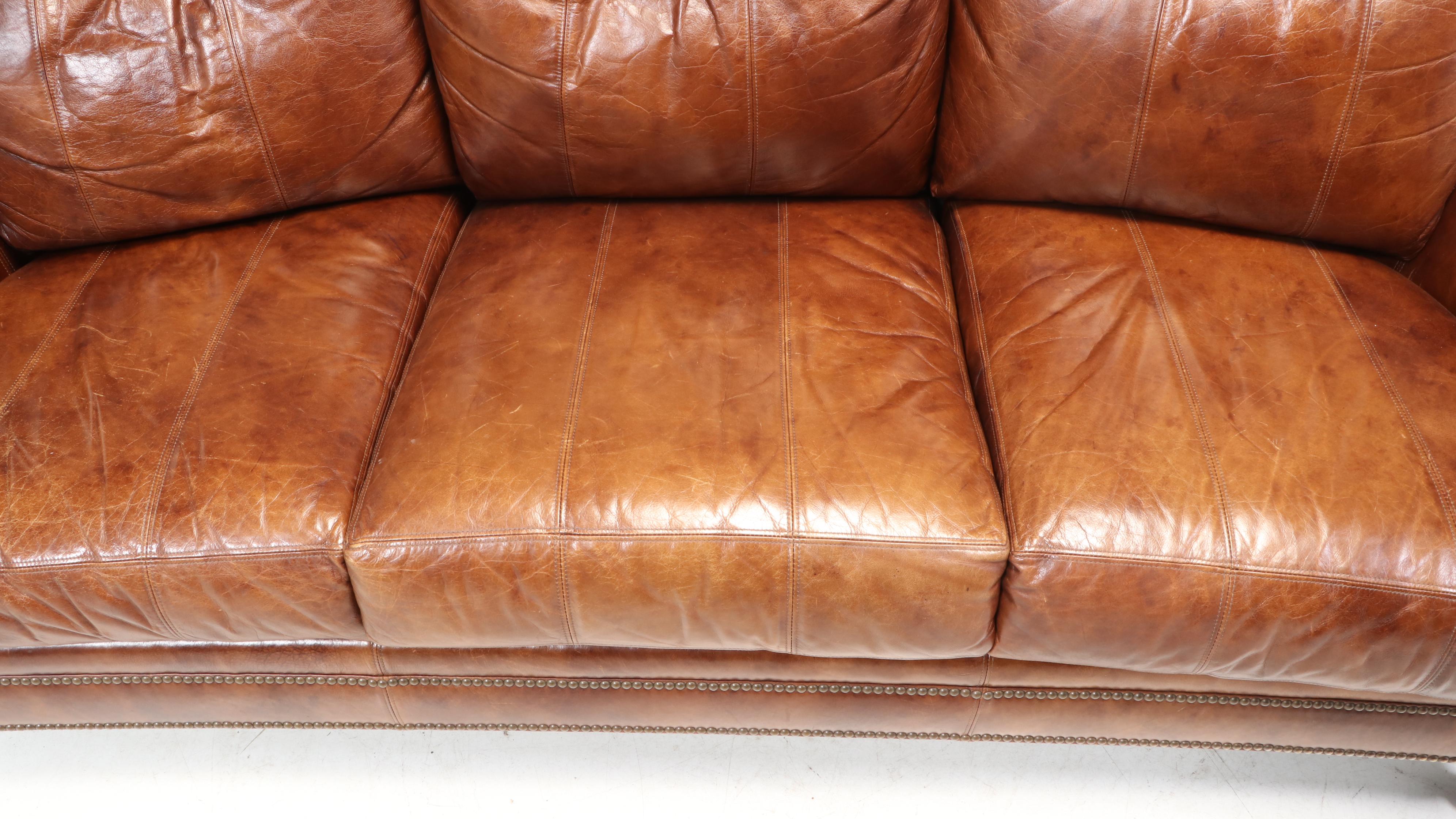 Ferguson Copeland "Surrey" Brass-Tacked Curved Leather Sofa