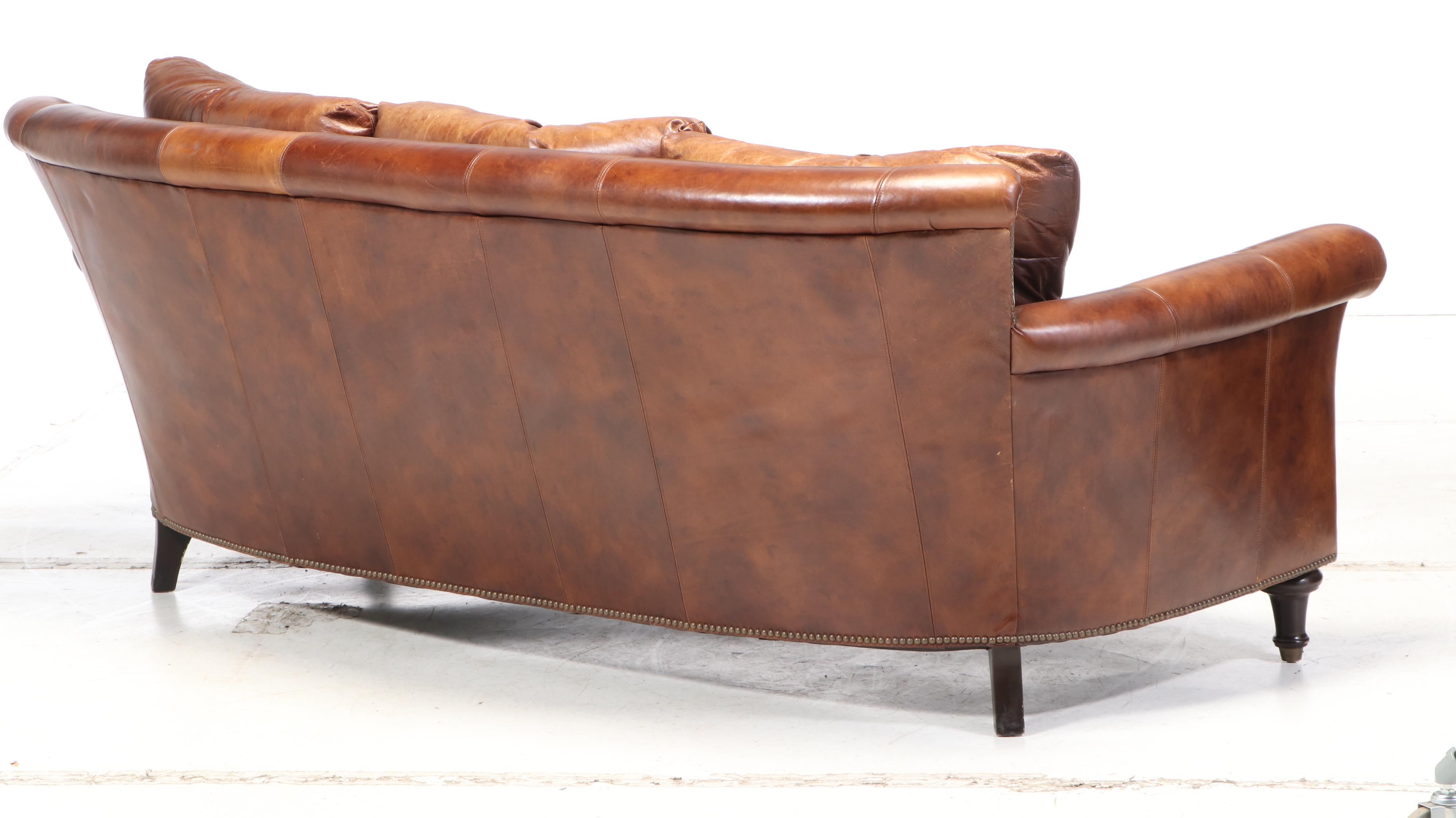 Ferguson Copeland "Surrey" Brass-Tacked Curved Leather Sofa