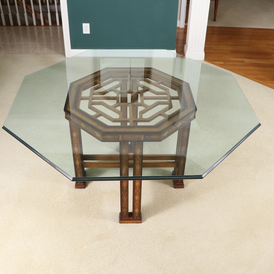 Drexel-Heritage Chippendale Style Glass Top Dining Table