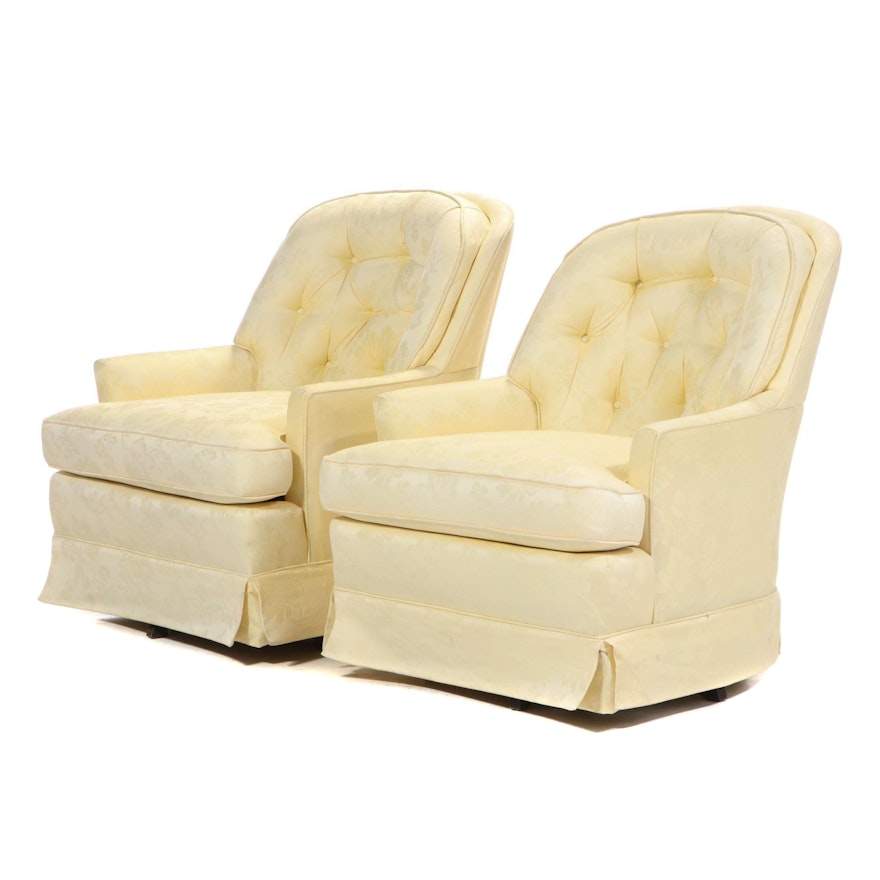 Pair of Upholstered Button-Tufted Swivel Rocking Chairs, Mid 20th Century