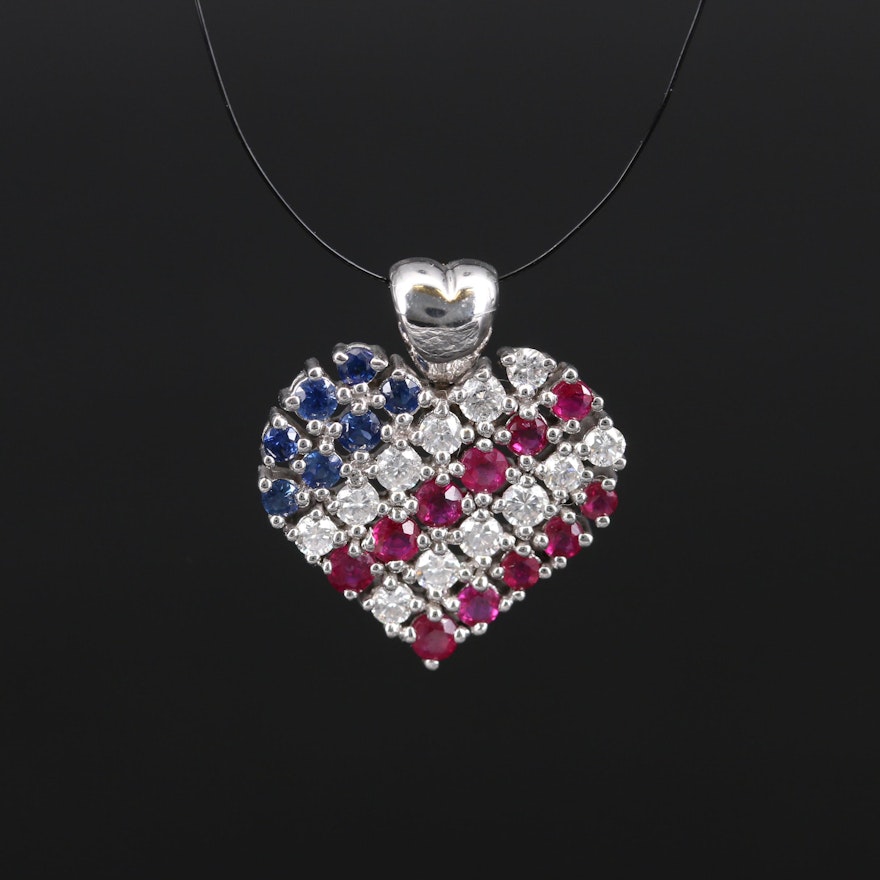 14K Sapphire, Ruby and Diamond American Flag Heart Pendant