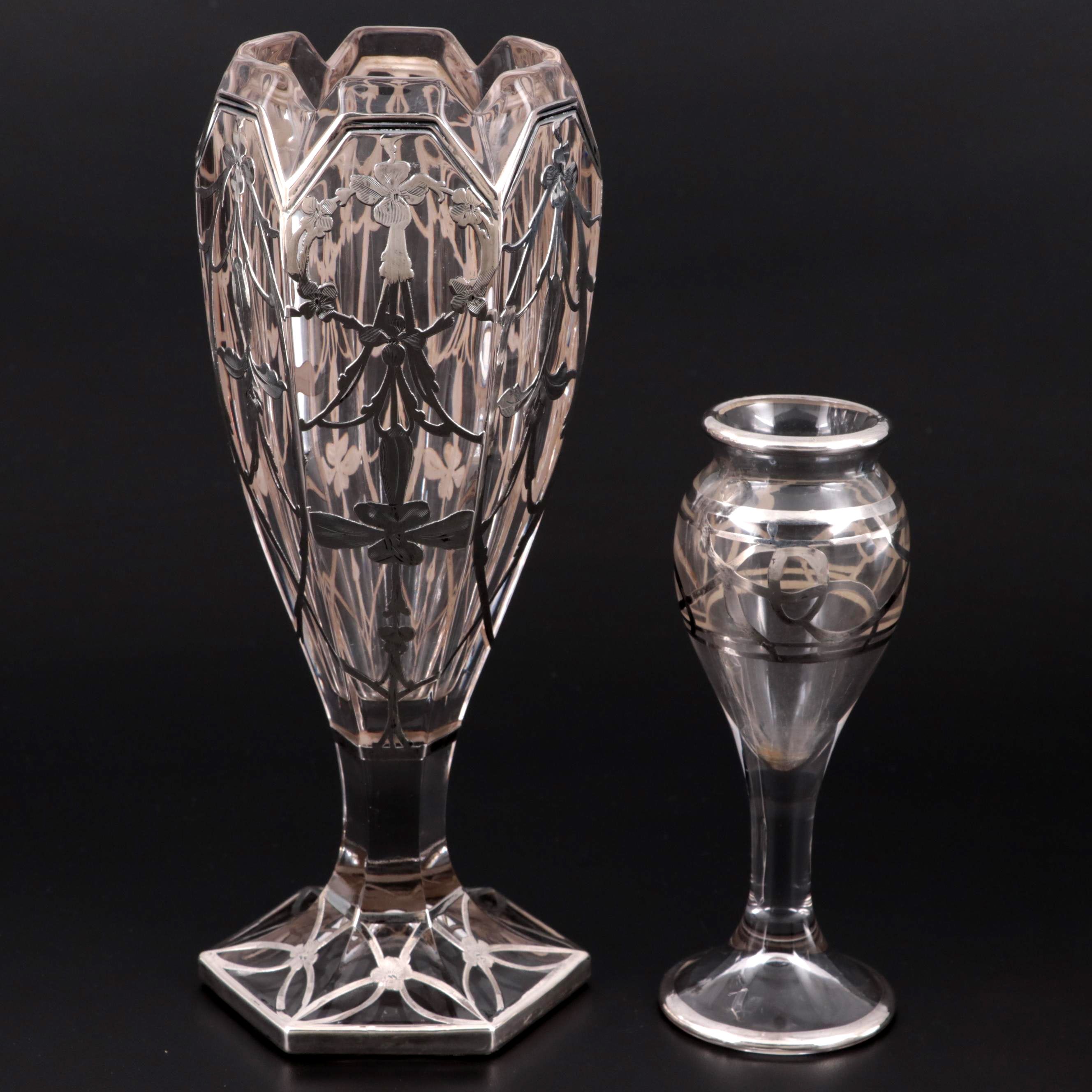 Art Nouveau Style Glass Vases with Sterling Silver Overlay