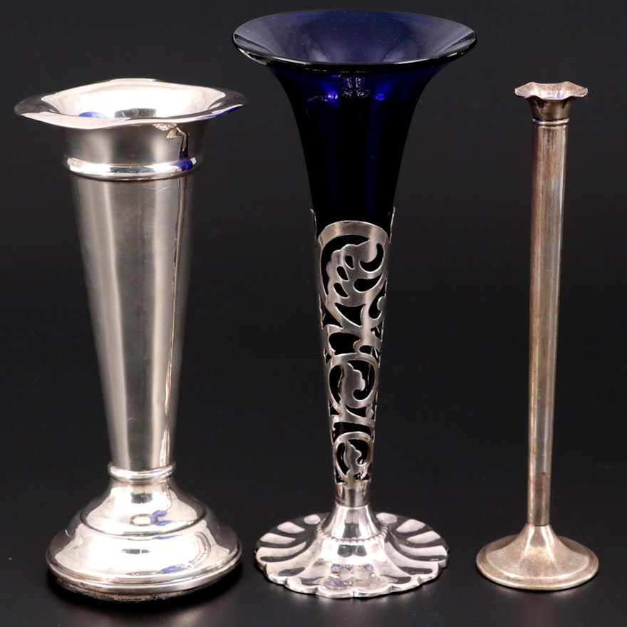 Webster and Other Sterling Silver Bud Vases with Silver Plate Vase