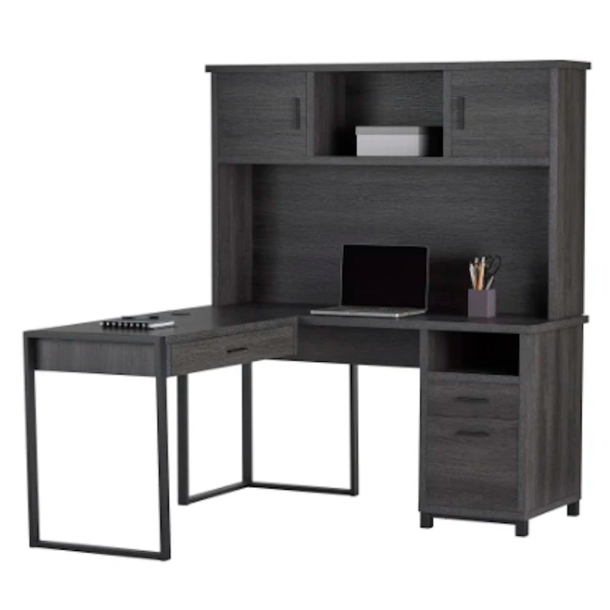 Realspace "DeJori" Contemporary Charcoal Finish Laminate L-Shaped Desk w/ Hutch