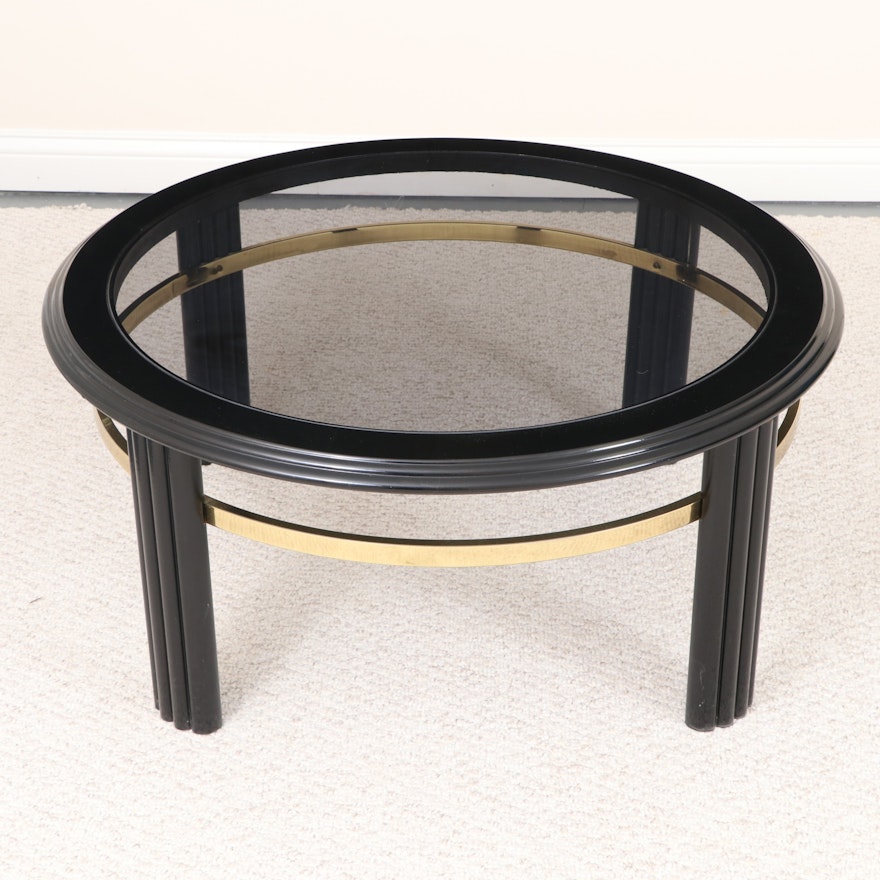Modernist Black Lacquered, Brass-Mounted, and Glass Top Coffee Table