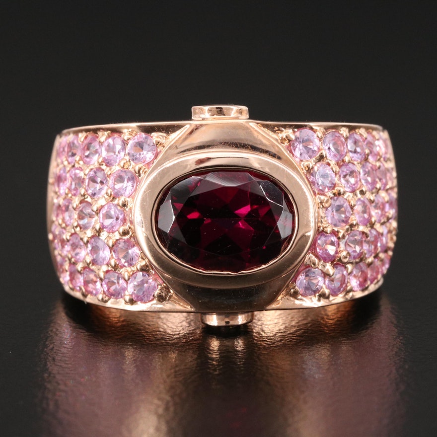 14K Bezel Set Garnet Ring with Pavé Pink Sapphire Shoulders and Diamond Accents