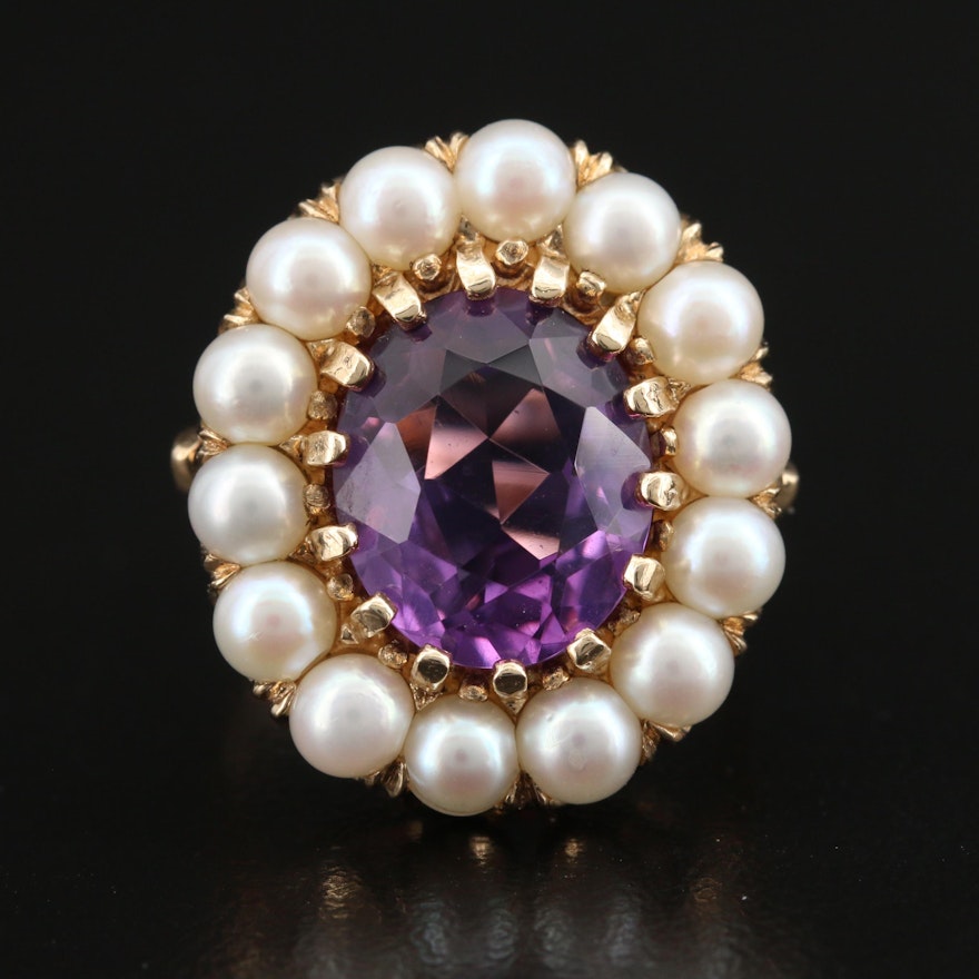 10K Amethyst and Pearl Halo Ring