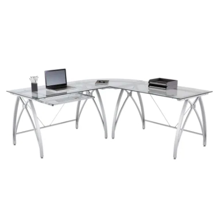 Realspace "Vista" Modern Silver Finished L-Shaped Desk with Glass Top