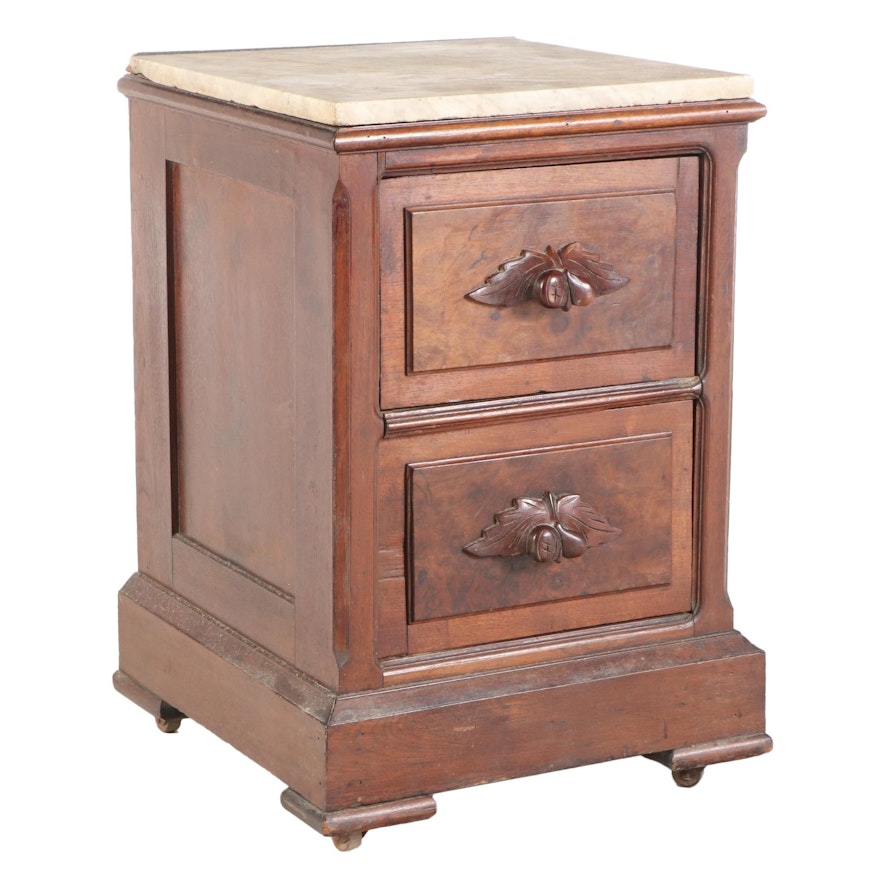 Victorian Walnut, Burl Walnut, and Marble Top Two-Drawer Bedside Chest