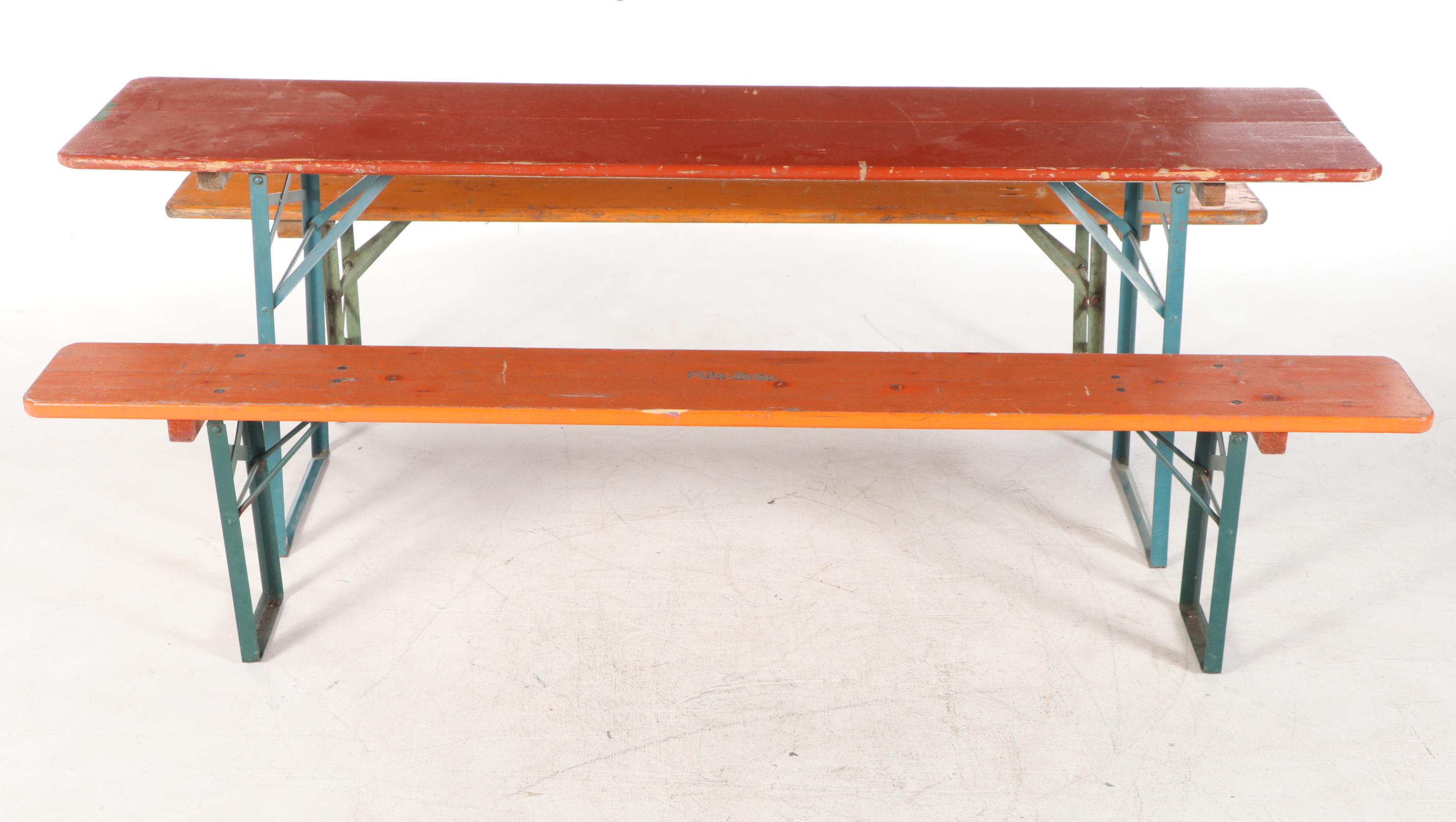 German Polychrome Wood Folding Biergarten Table and Benches