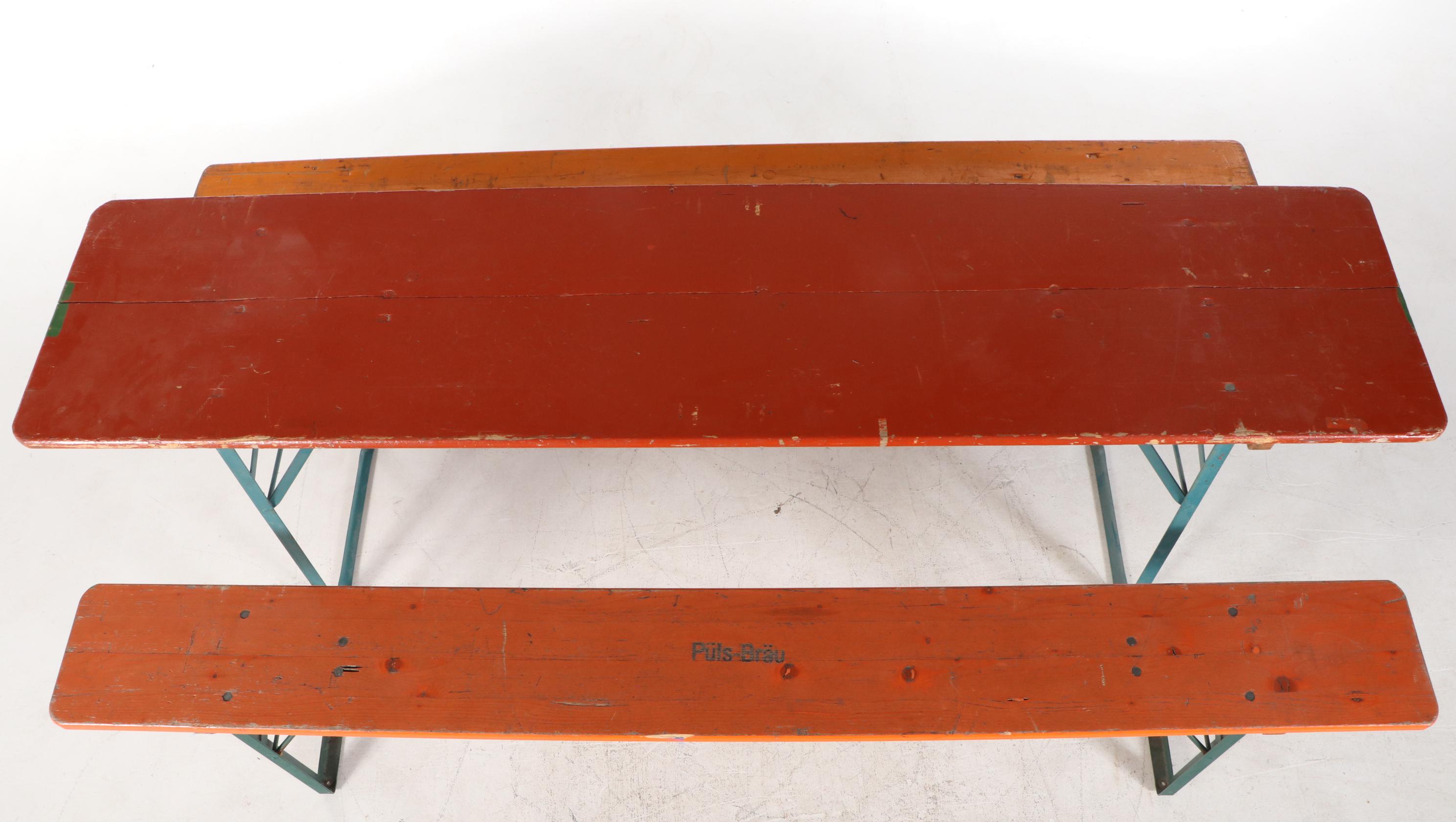 German Polychrome Wood Folding Biergarten Table and Benches