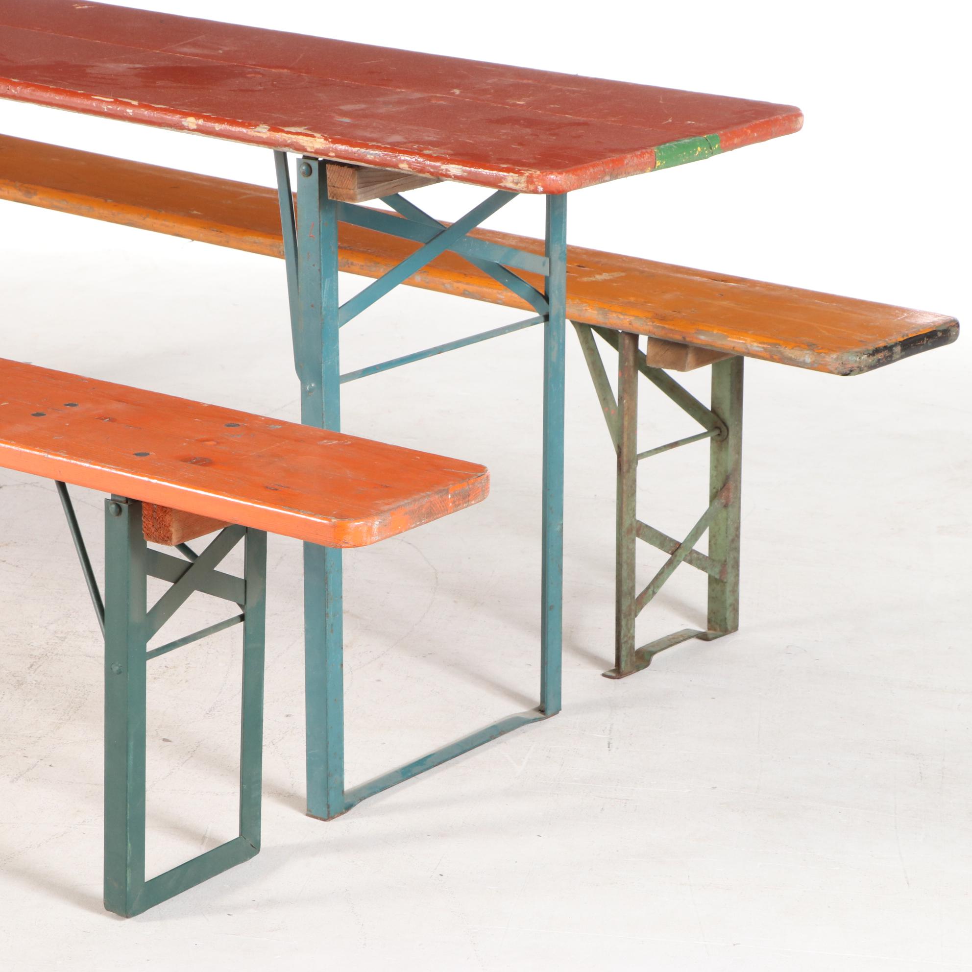German Polychrome Wood Folding Biergarten Table and Benches