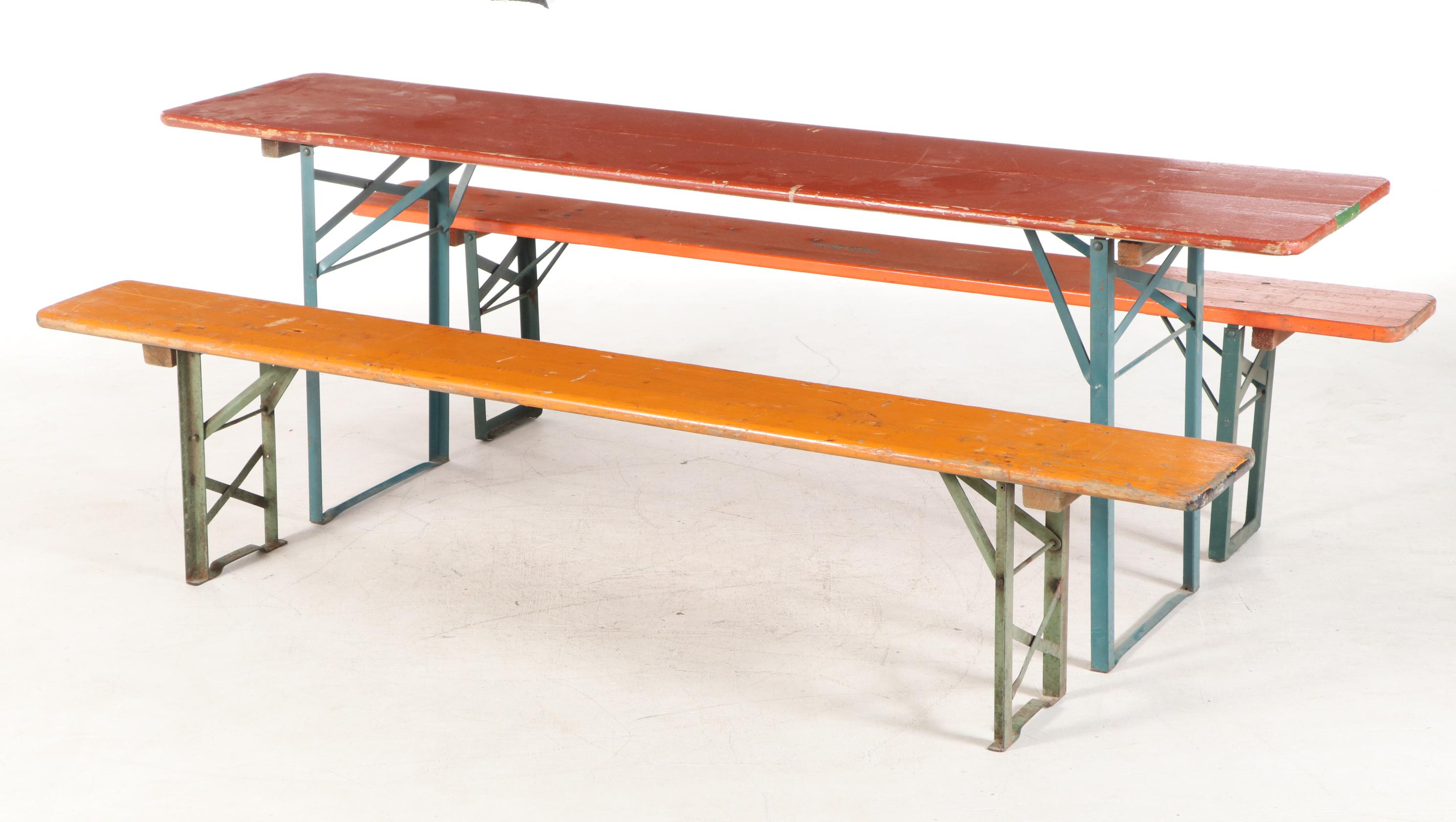 German Polychrome Wood Folding Biergarten Table and Benches