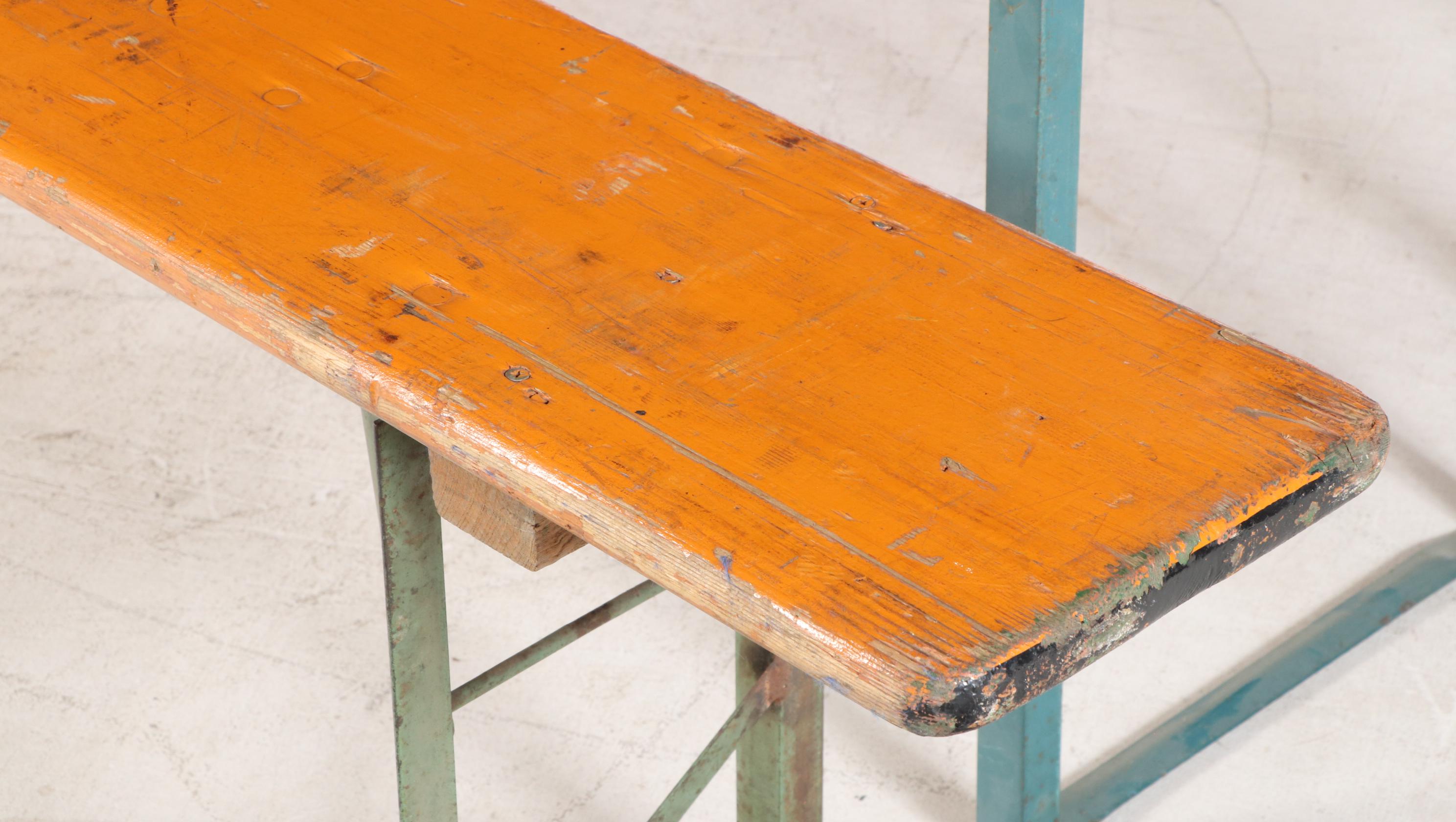 German Polychrome Wood Folding Biergarten Table and Benches