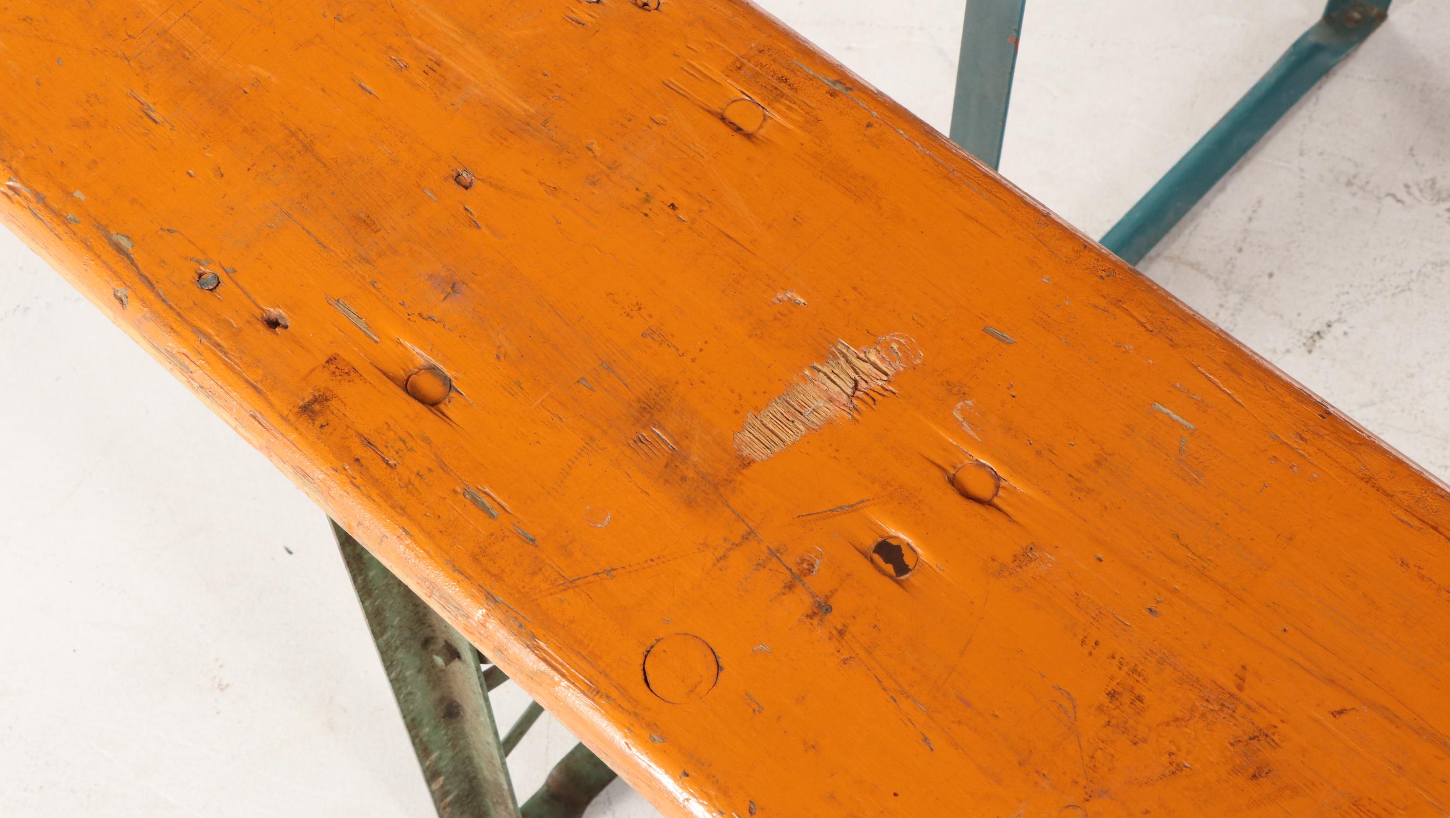 German Polychrome Wood Folding Biergarten Table and Benches