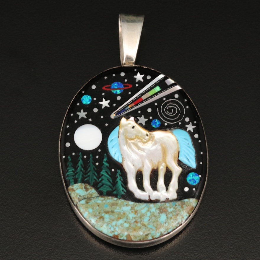 Sterling Reversible Cobble Stone and Gemstone Inlay Pony in Night Sky Pendant