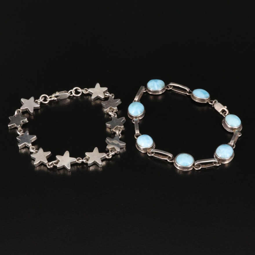 Sterling Bezel Set Larimar Bracelet with Star Link Bracelet