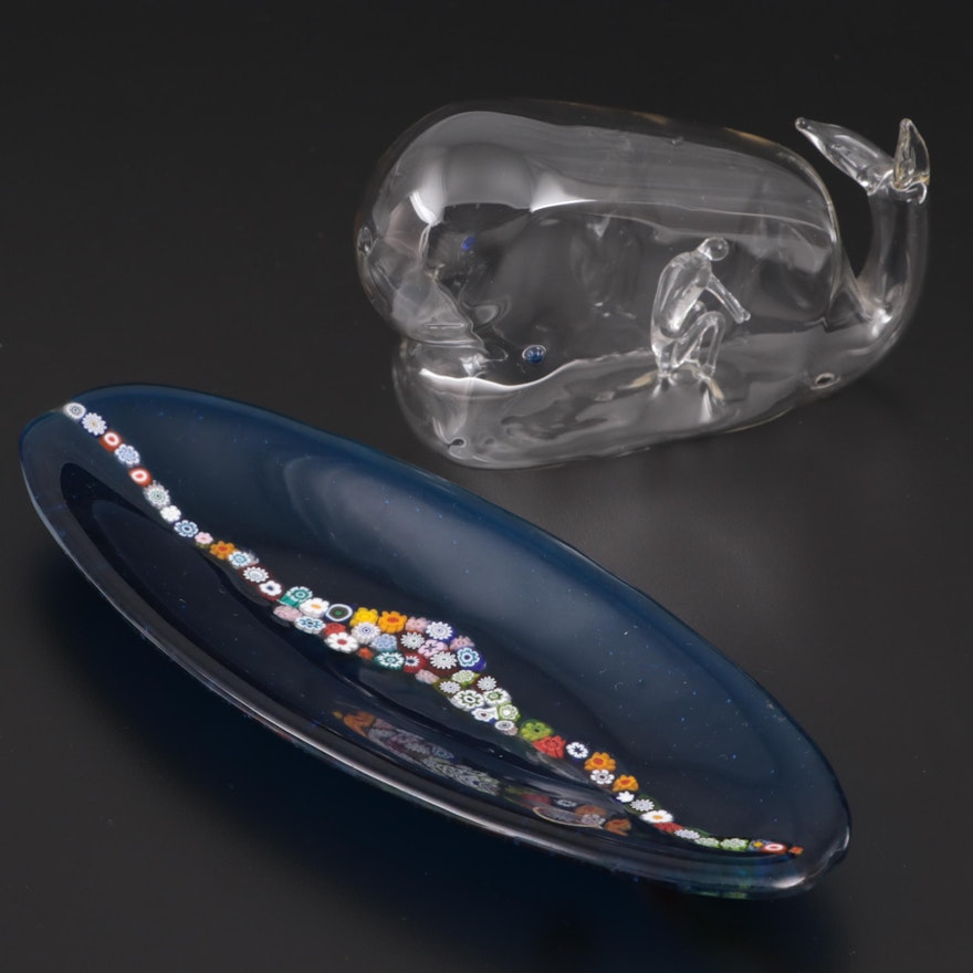 Blown Glass Jonah and Whale with Murano Millefiori Dish