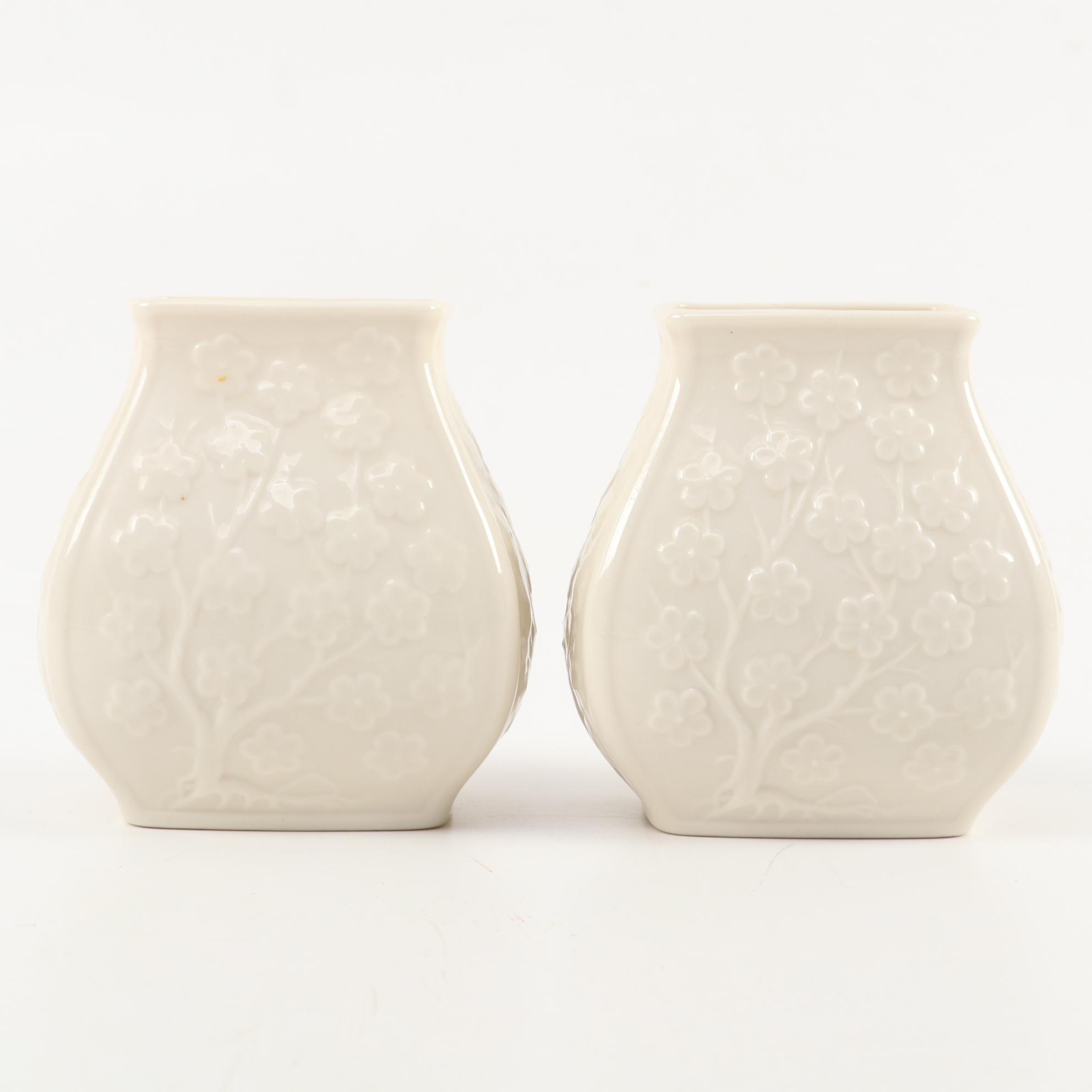 Lenox Porcelain Fluted Oval Bowl and Cherry Blossom Motif Vases