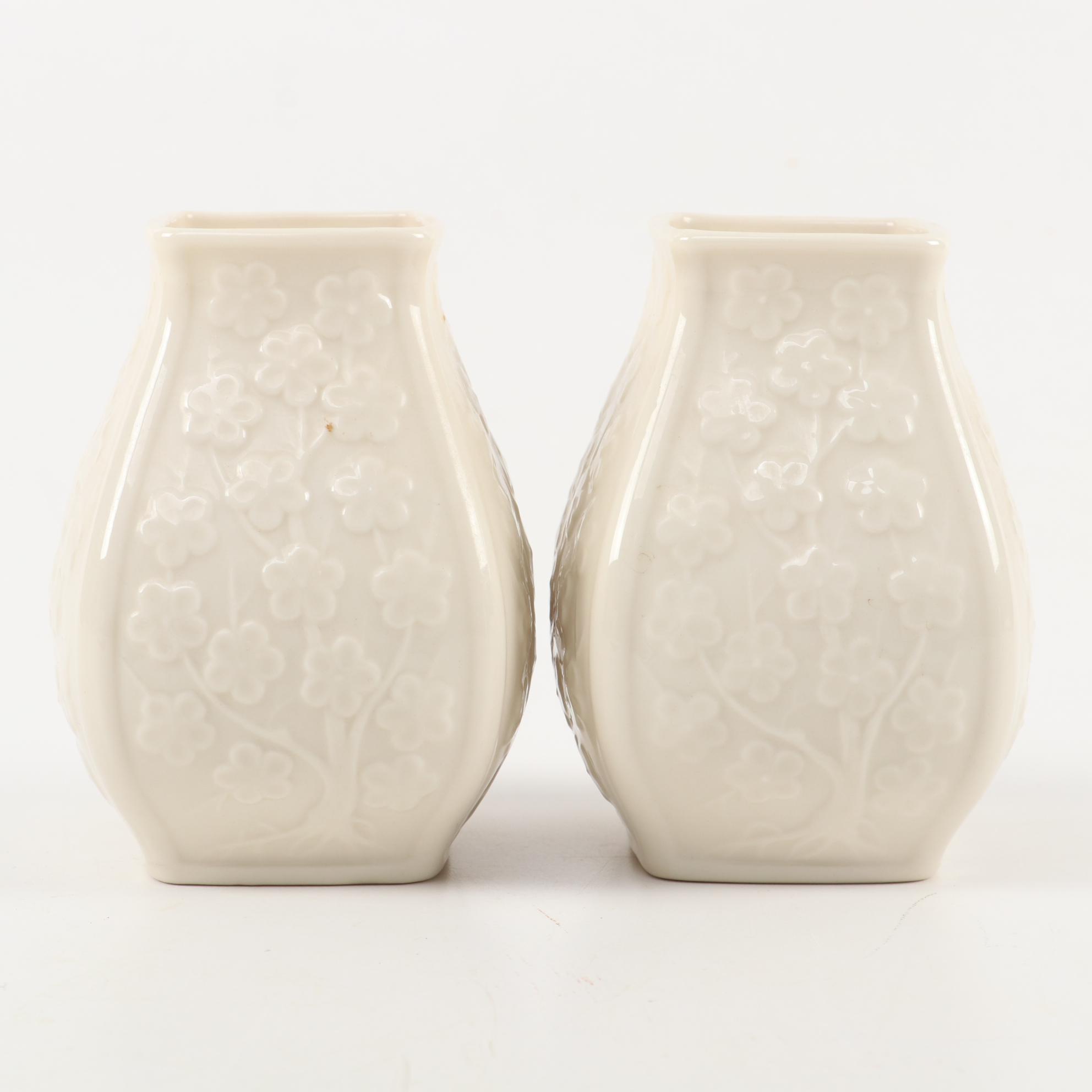 Lenox Porcelain Fluted Oval Bowl and Cherry Blossom Motif Vases