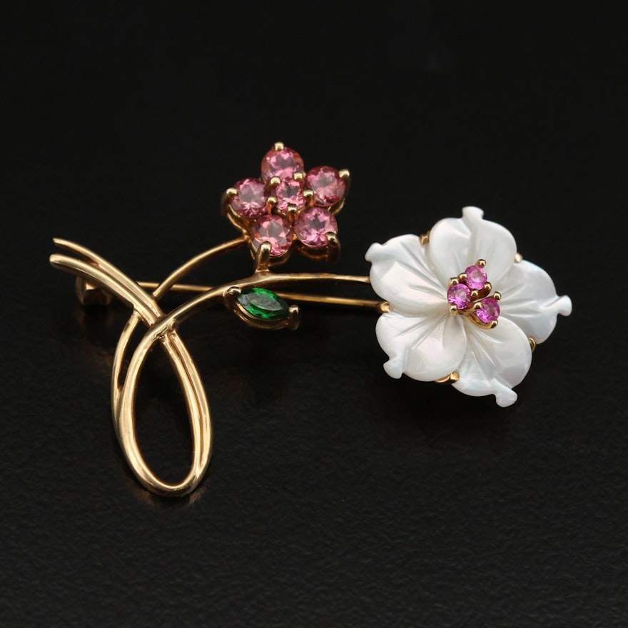 10K Carved Mother of Pearl, Pink Sapphire and Gemstone Floral Brooch