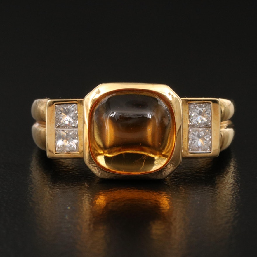 18K Citrine and Diamond Ring with Fluted Shank