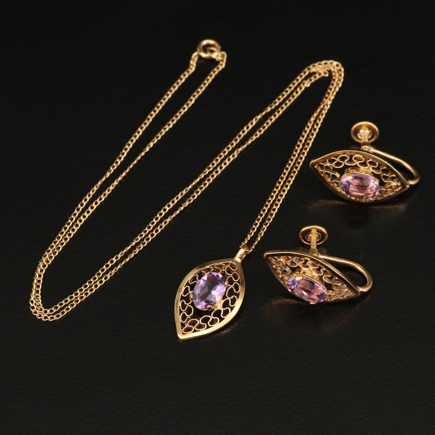 Van Dell 14K Amethyst Openwork Necklace and Screw Back Earring Set