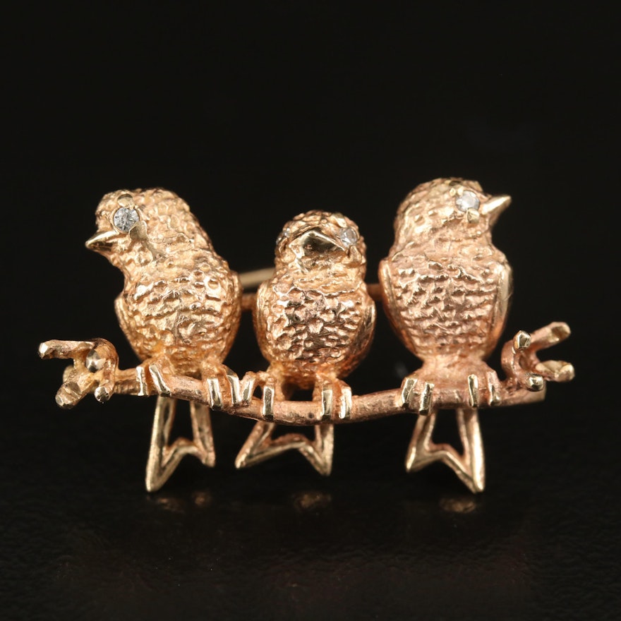 10K Bird Trio Brooch with Cubic Zirconia