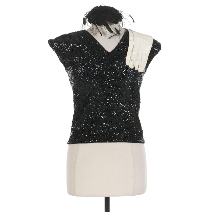 Sequin and Bead Embellished V-Neck Top, Feather Fascinator, and Leather Gloves