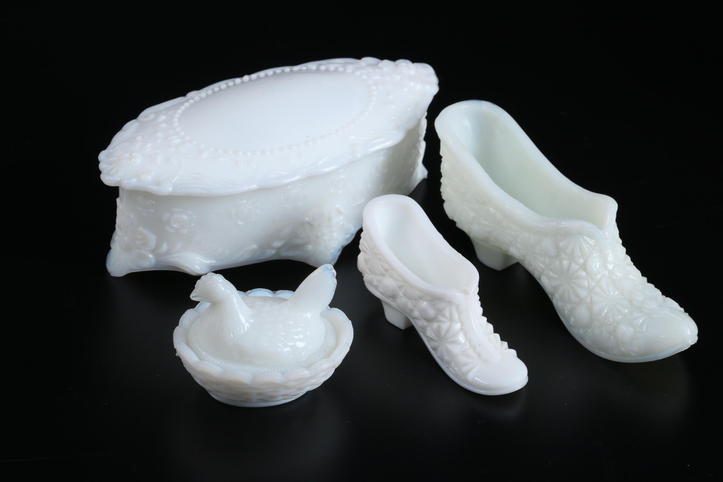 Westmoreland Milk Glass Eagle Form Basket with Hen on Nest Dish and Others