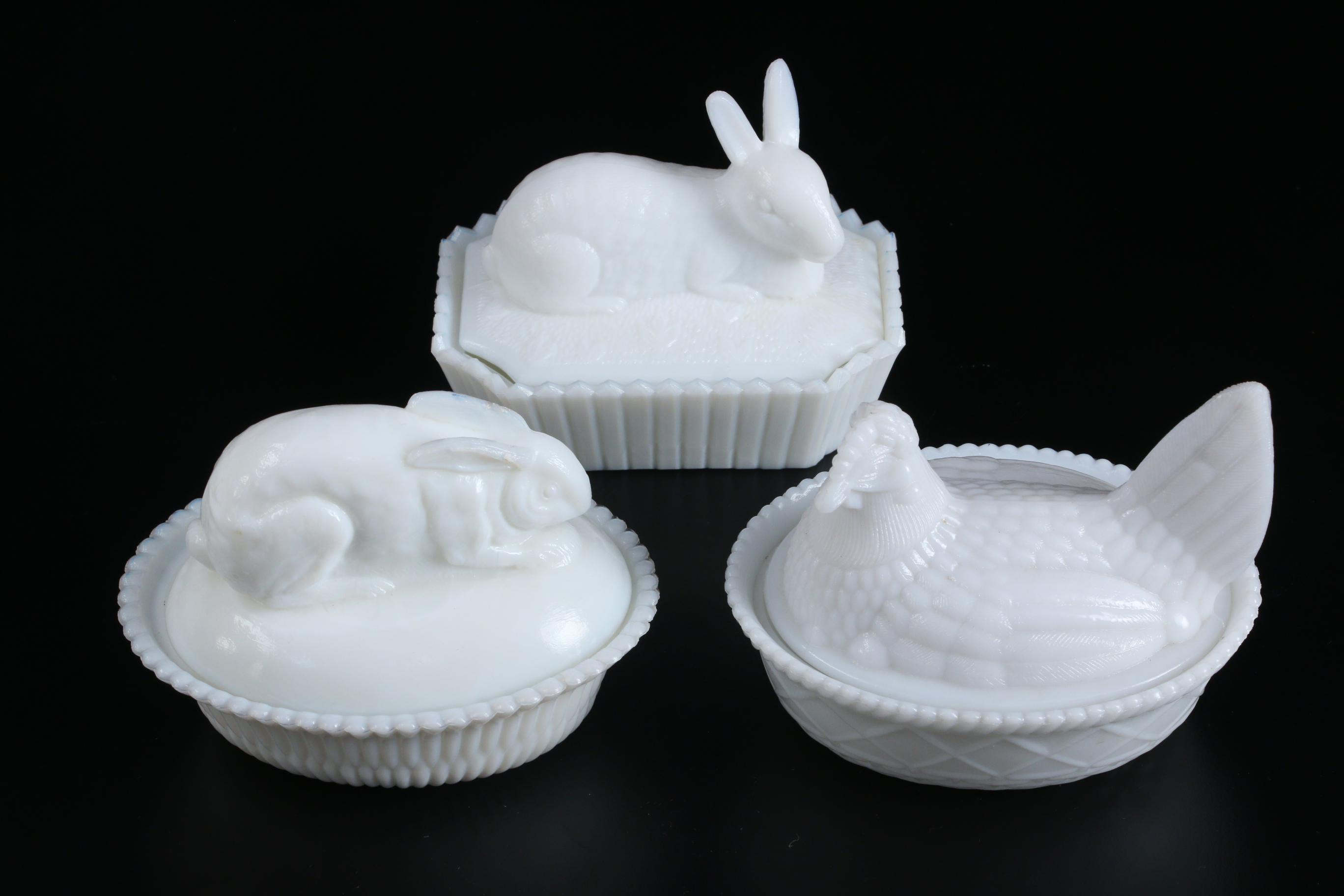 Westmoreland Milk Glass Eagle Form Basket with Hen on Nest Dish and Others