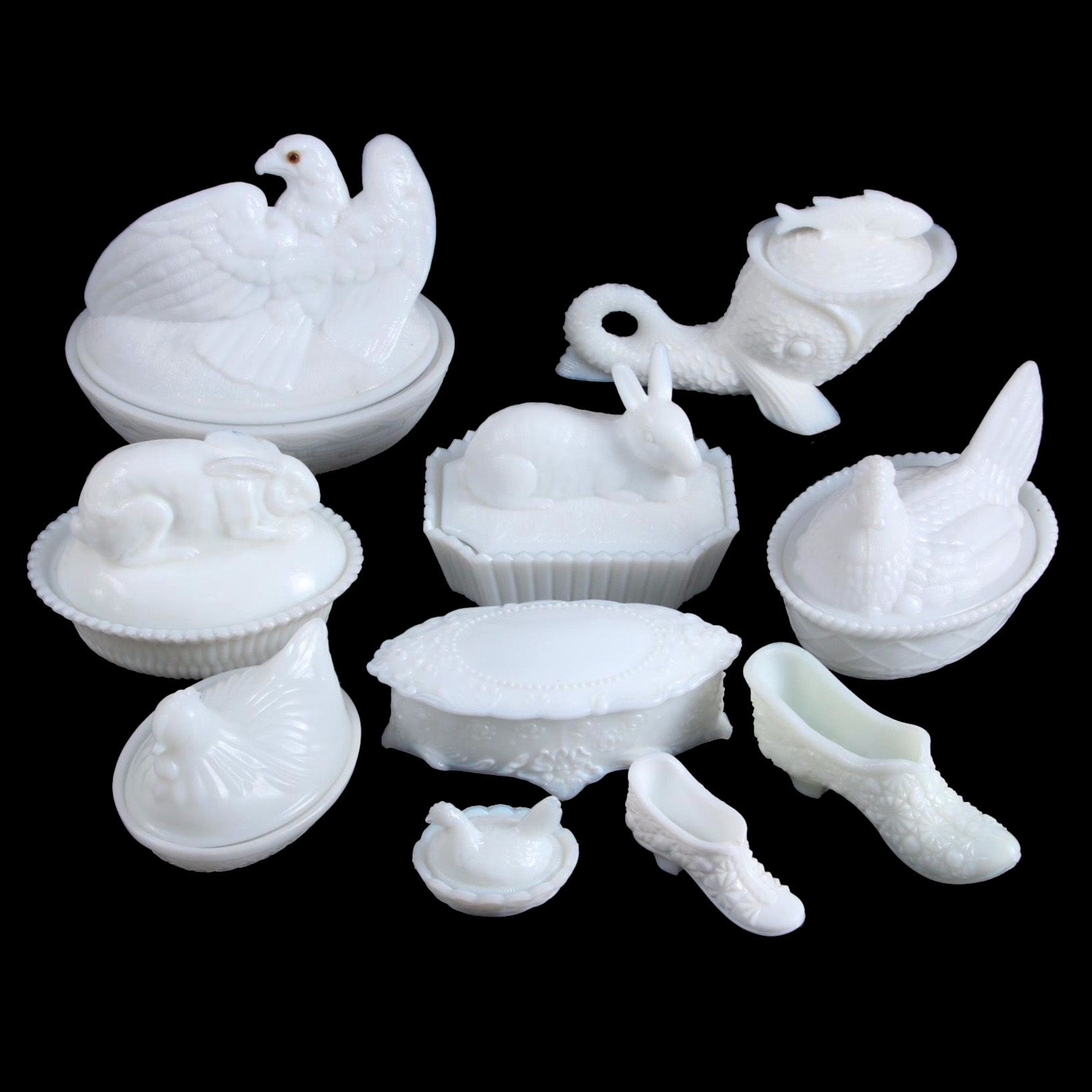 Westmoreland Milk Glass Eagle Form Basket with Hen on Nest Dish and Others