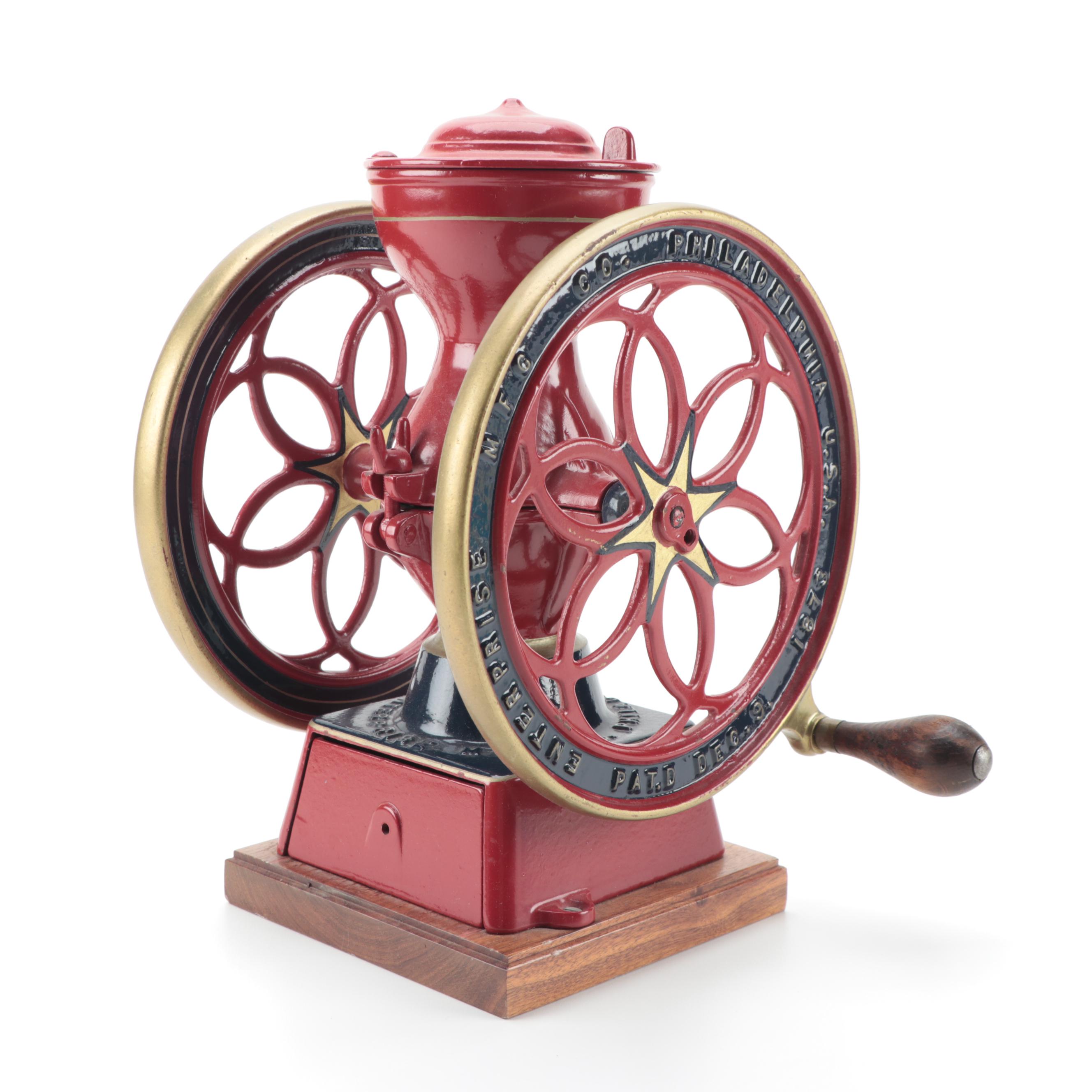 Enterprise Manufacturing Co. Cast Iron Coffee Grinder Mill on Wood Base