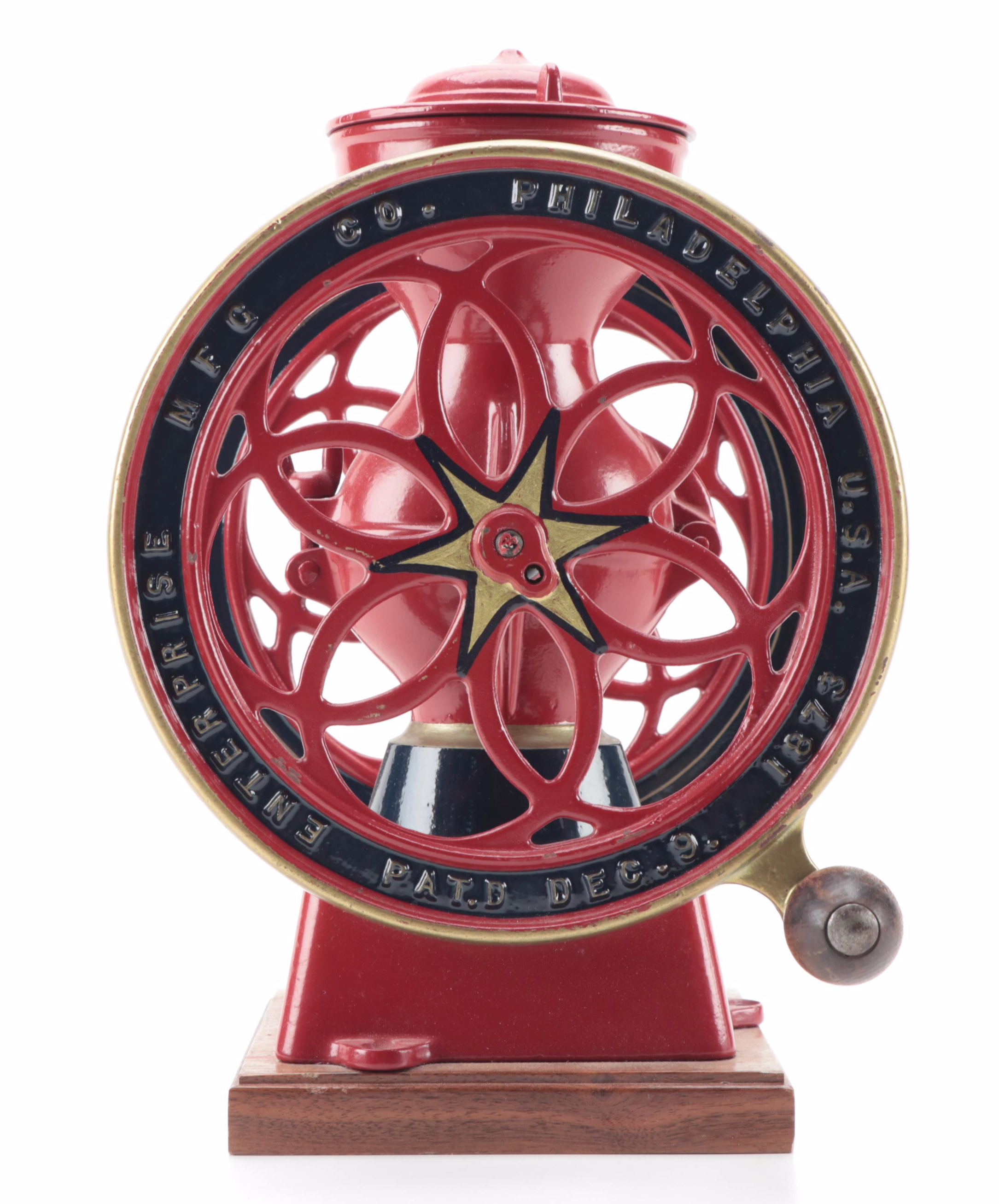 Enterprise Manufacturing Co. Cast Iron Coffee Grinder Mill on Wood Base