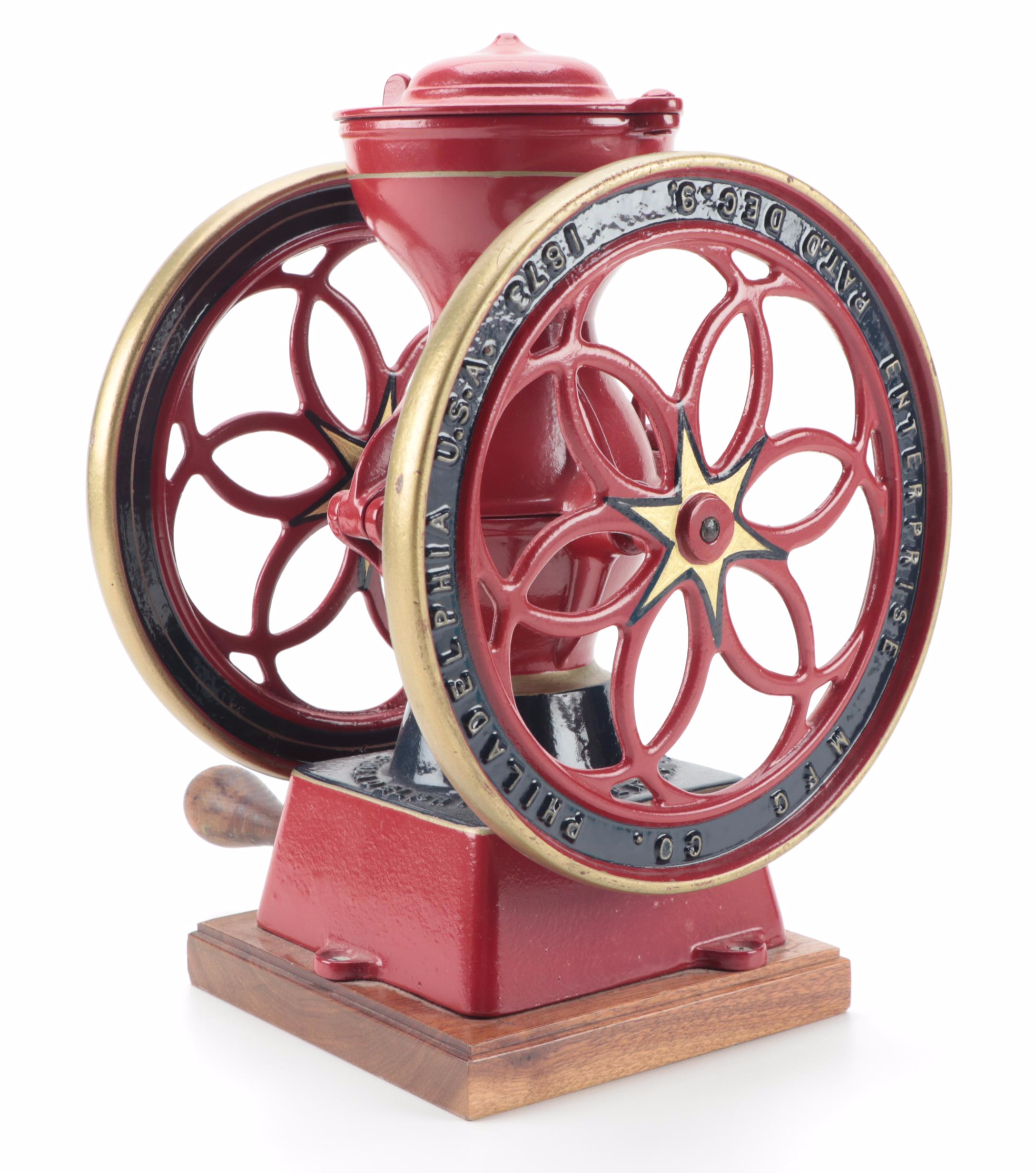 Enterprise Manufacturing Co. Cast Iron Coffee Grinder Mill on Wood Base