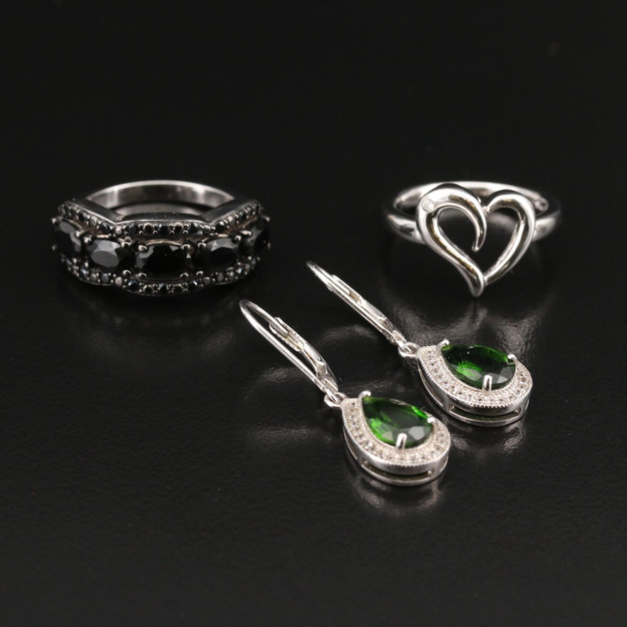Sterling Heart and Black Spinel Rings and Diopside Teardrop Earrings