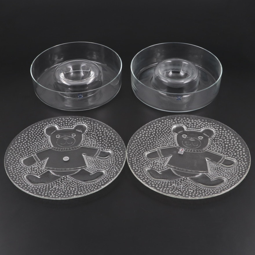 Krosno Chip and Dip Bowls with Sterling and Pilgrim Glass Teddy Bear Platters