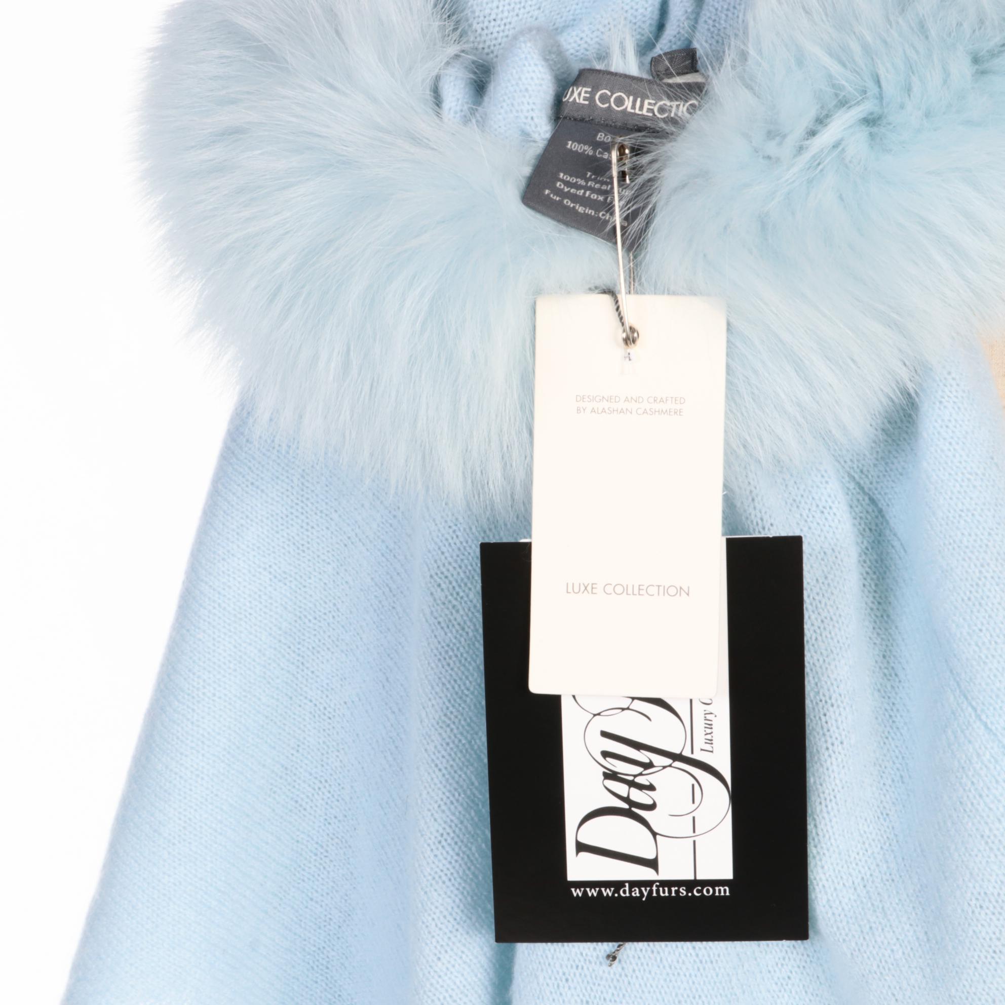 Blue Cashmere Poncho with Dyed Fox Fur Trim with Furrier Tag