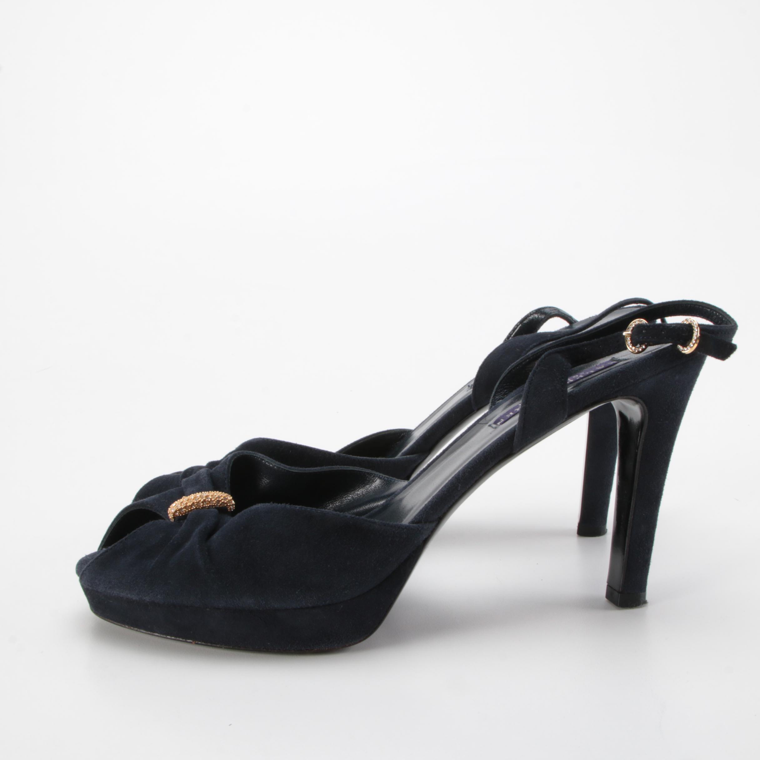 Ralph Lauren Purple Label Navy Suede Peep-Toe Slingback Heels
