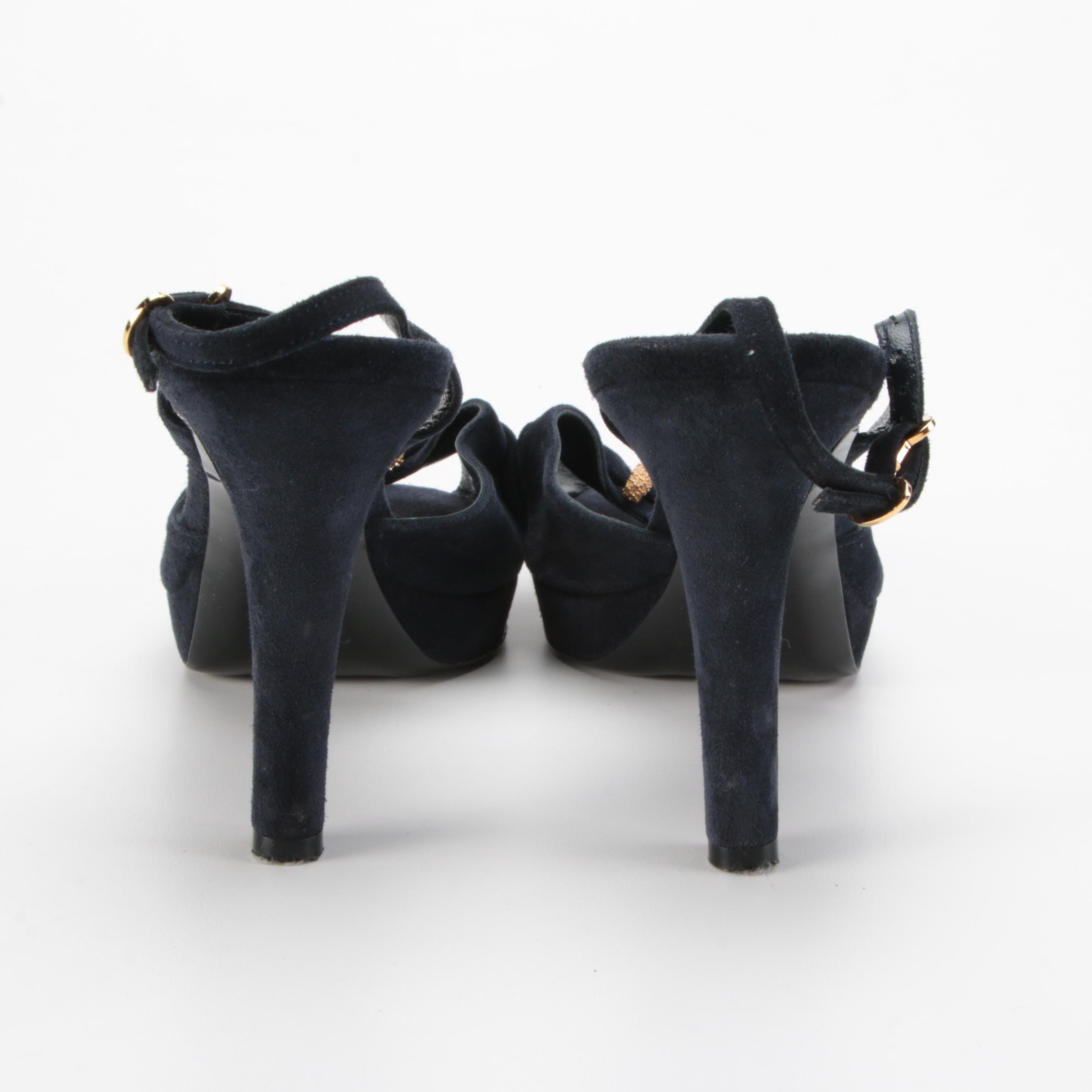 Ralph Lauren Purple Label Navy Suede Peep-Toe Slingback Heels