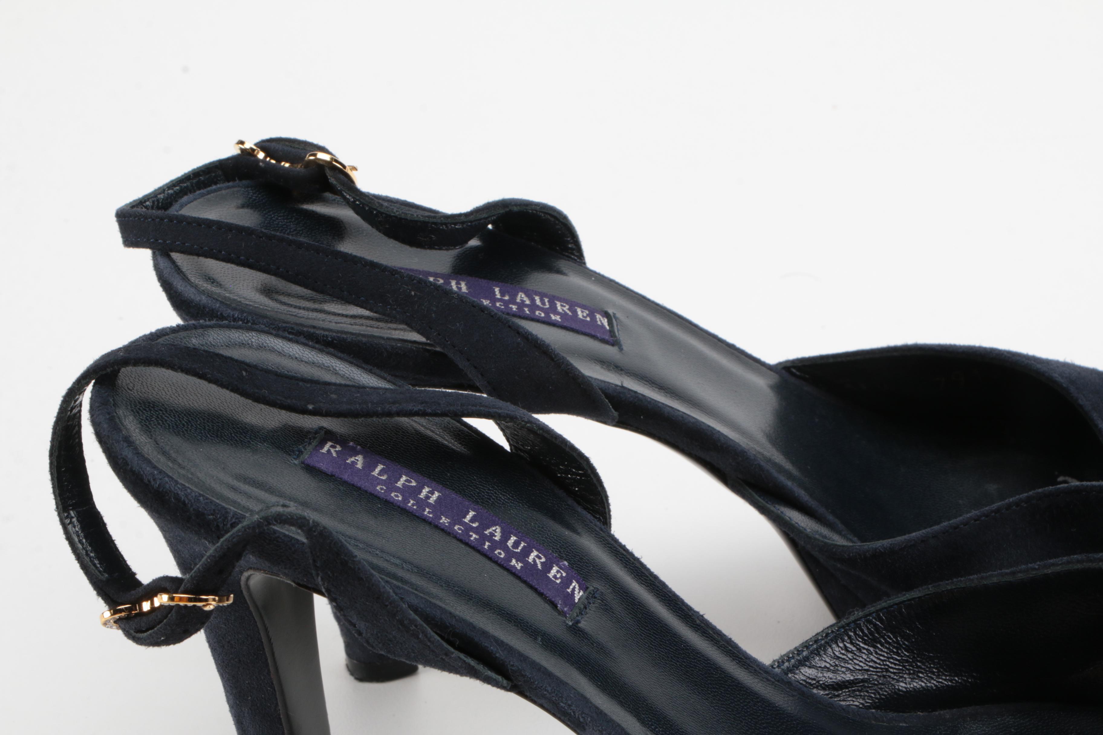 Ralph Lauren Purple Label Navy Suede Peep-Toe Slingback Heels