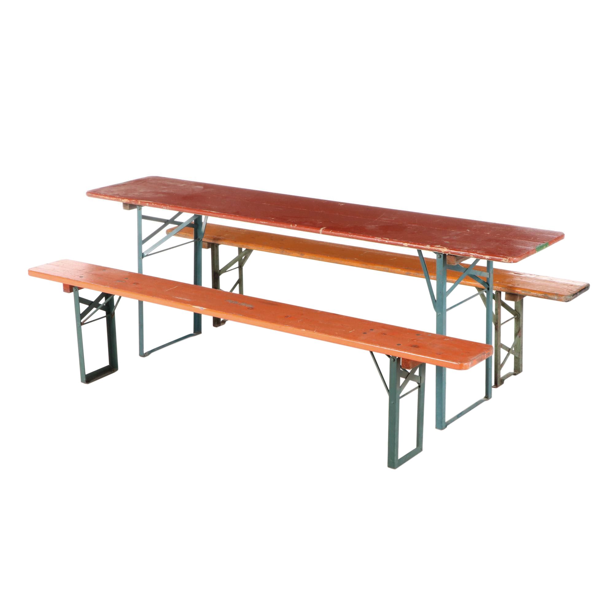 German Polychrome Wood Folding Biergarten Table and Benches