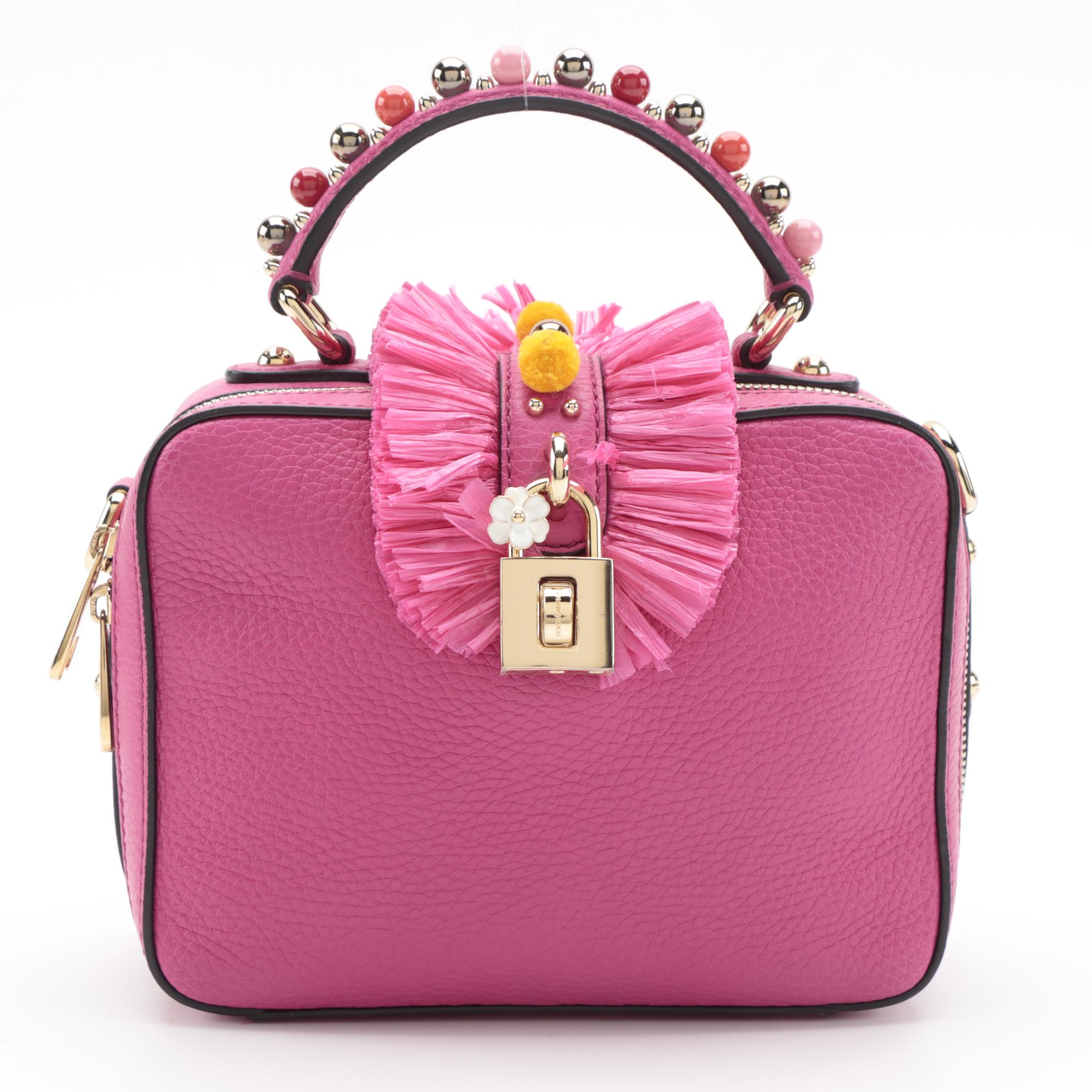 Dolce & Gabbana Embellished Pom-Pom Pink Grained Leather Two-Way Box Satchel
