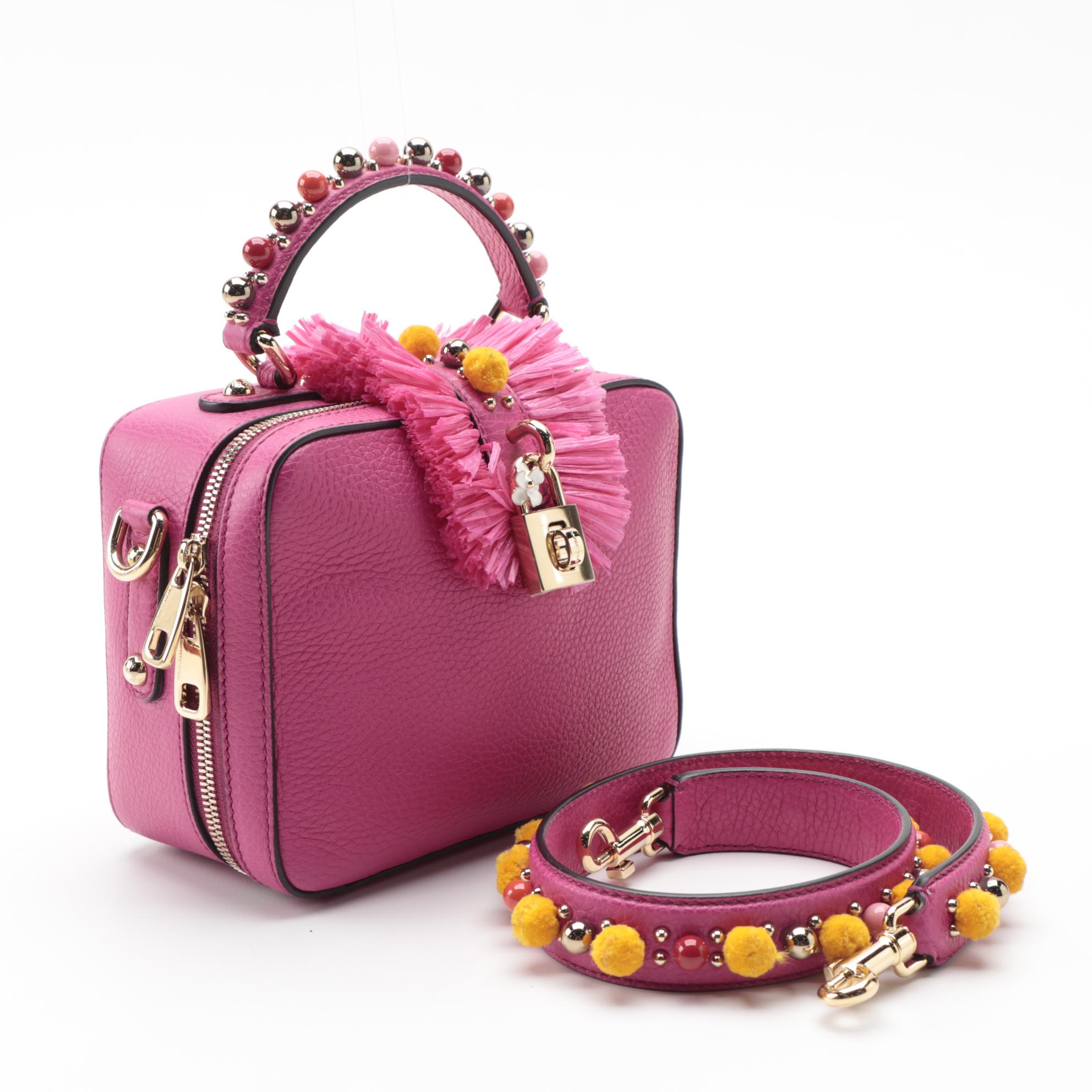 Dolce & Gabbana Embellished Pom-Pom Pink Grained Leather Two-Way Box Satchel