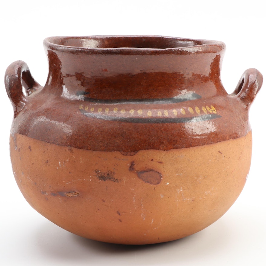 Half Glazed Terracotta Two Handled Pot