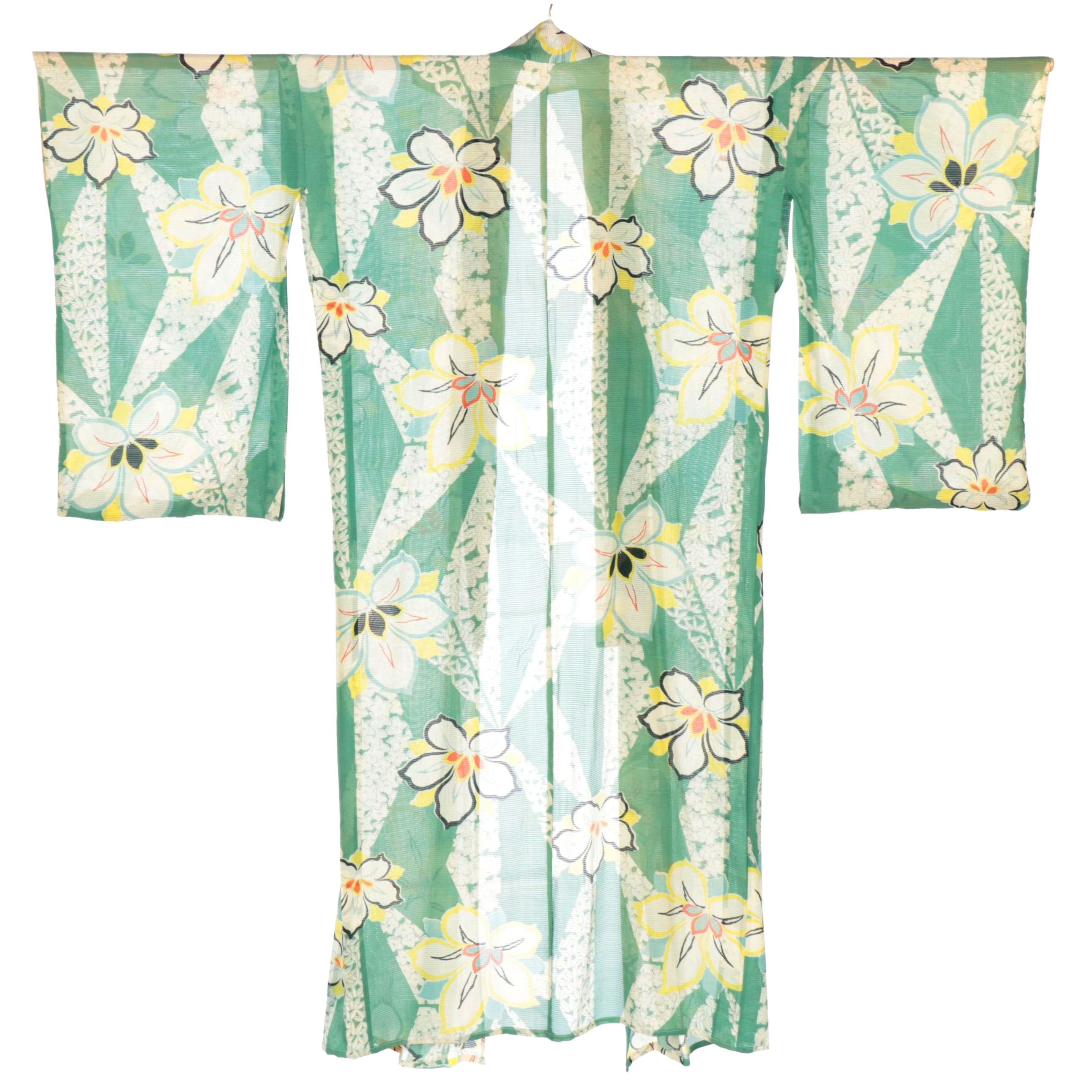 Ro Woven Green Floral Silk Natsu Kimono, Shōwa Period